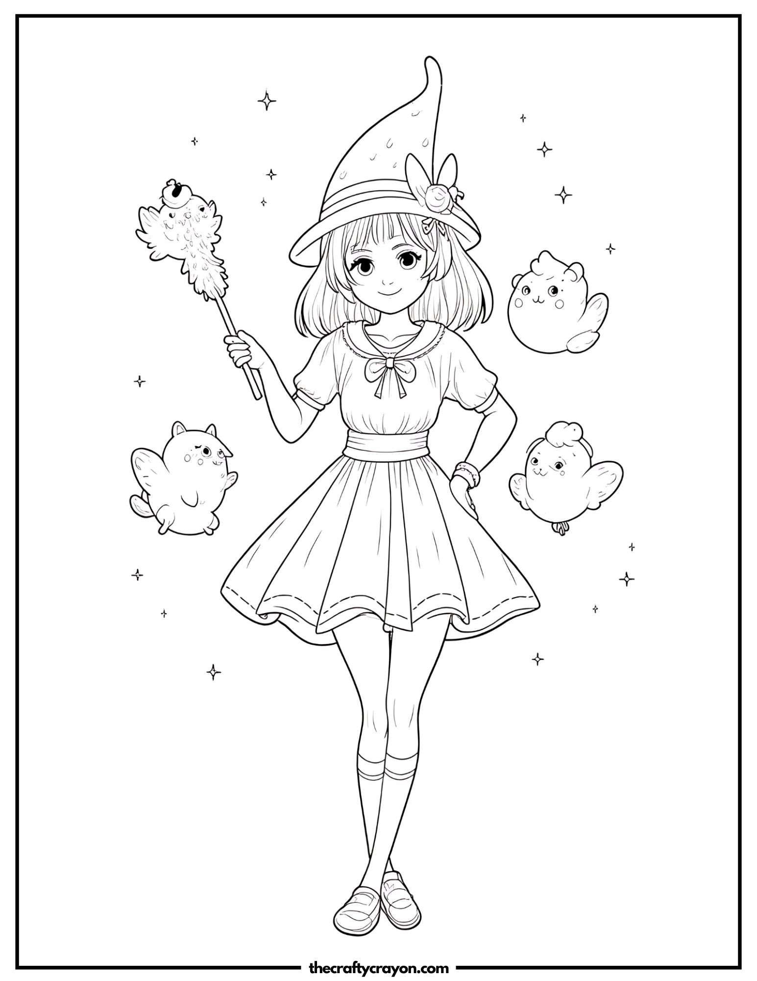 Anime witch girl holding a wand surrounded by floating creatures