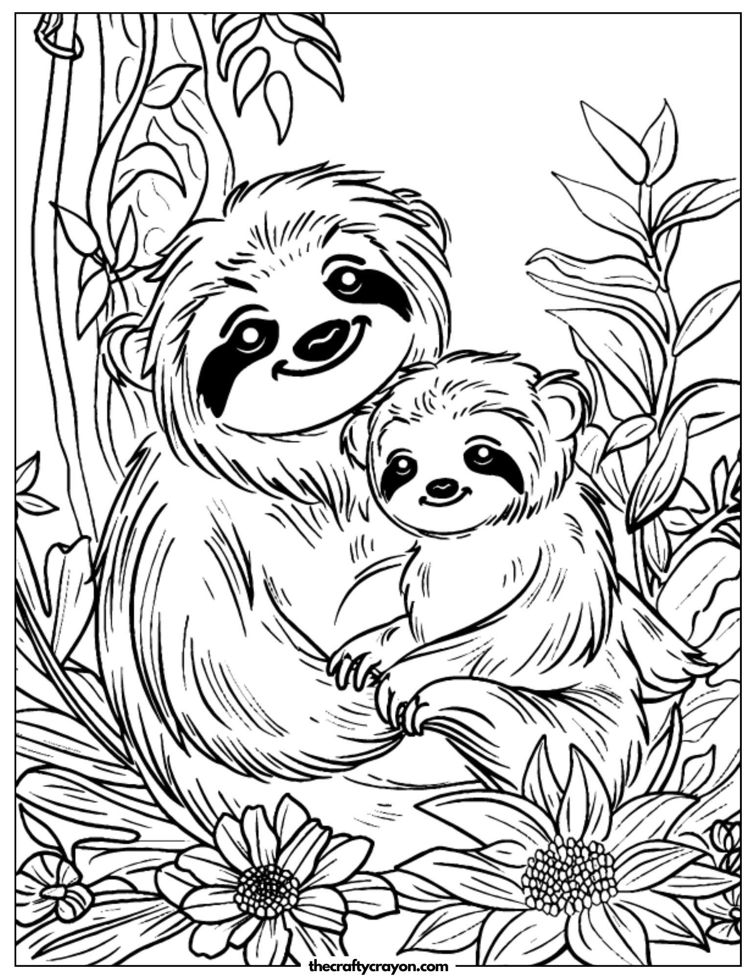 Baby Sloth Hugging Mama Coloring Page