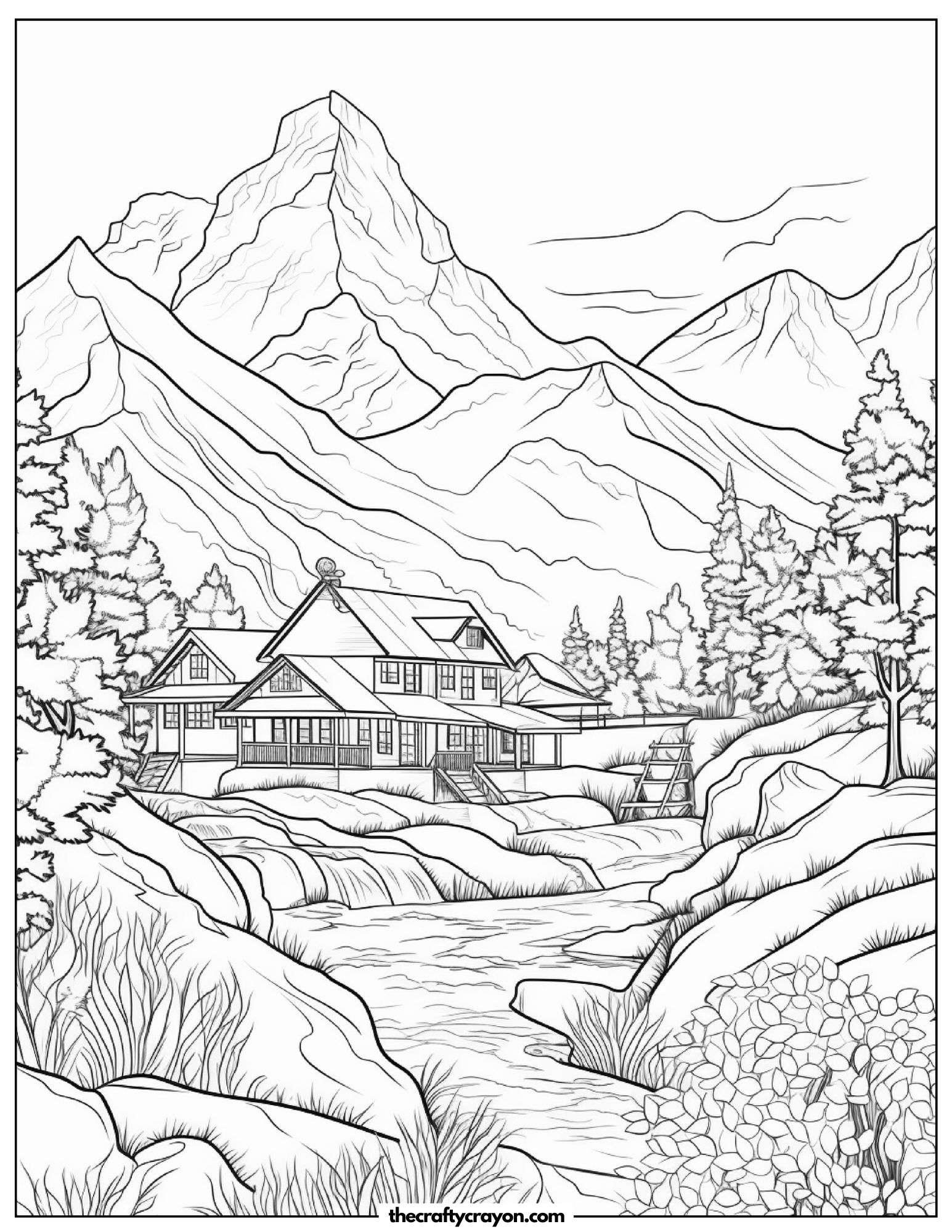 Beautiful Mountain Lodge By The River Coloring Page