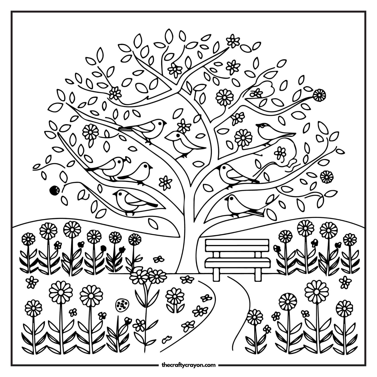 Birds Sitting On A Tree In A Flower Garden