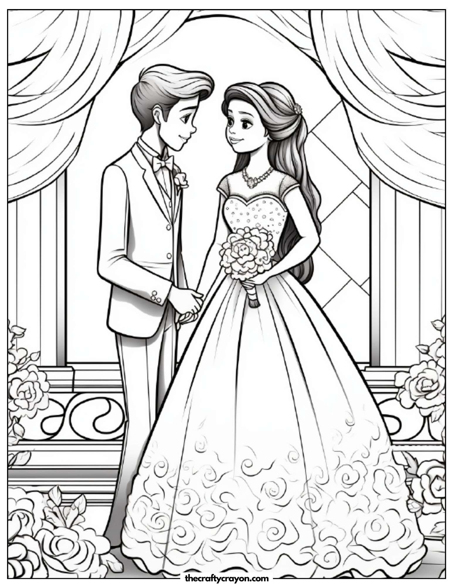 Bride And Groom Holding Hands At The Altar Coloring Page