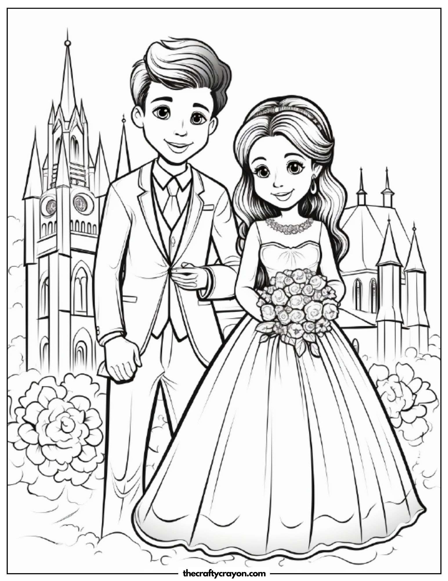 Bride And Groom Posing In Front Of A Grand Church Coloring Page