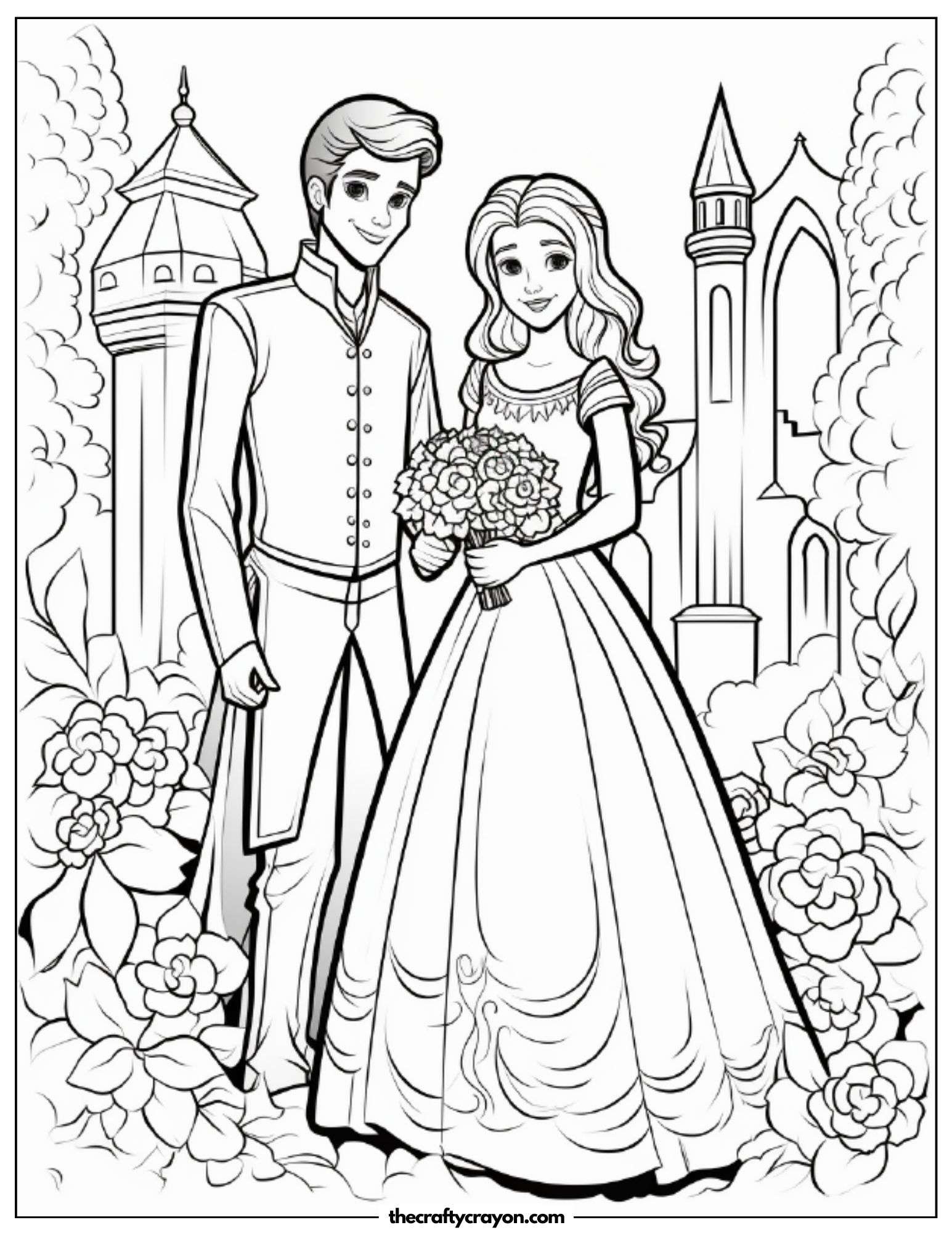 Bride And Groom Standing In A Magical Garden Coloring Page