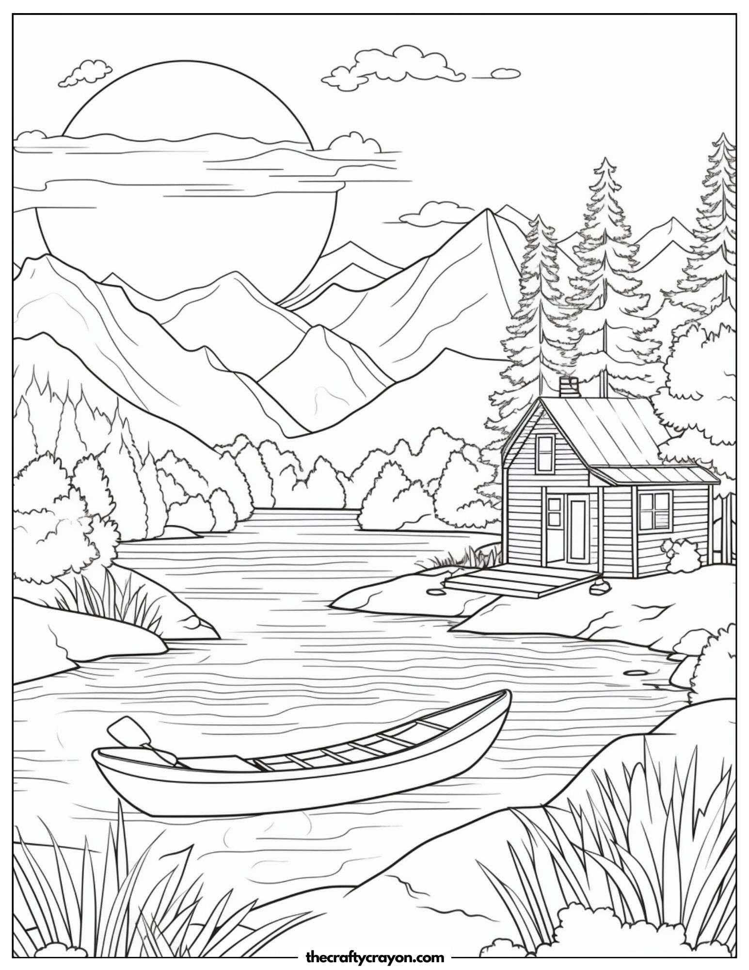 Cabin By The Lake In The Mountains Coloring Page