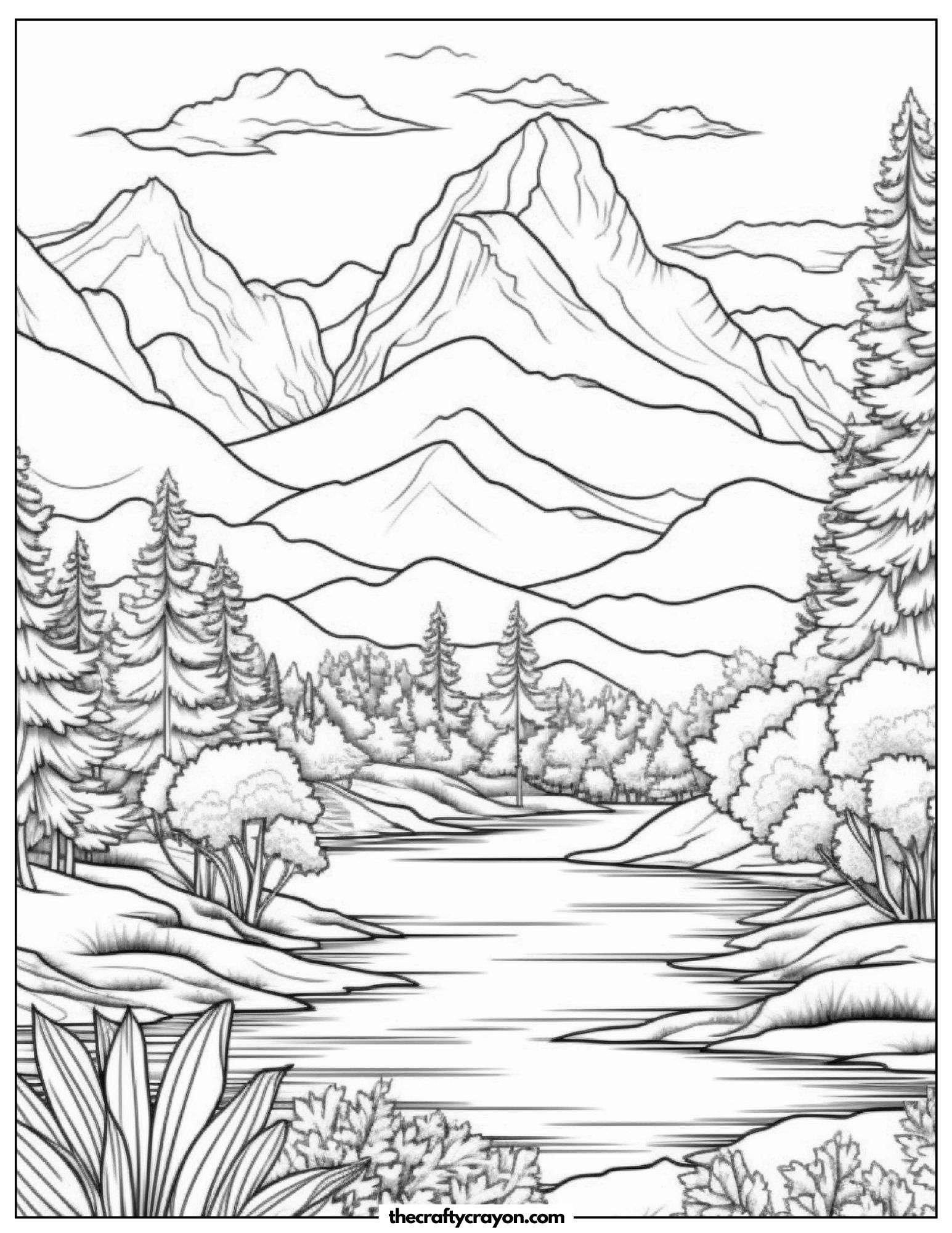 Calm Lake Surrounded By Mountains Coloring Page
