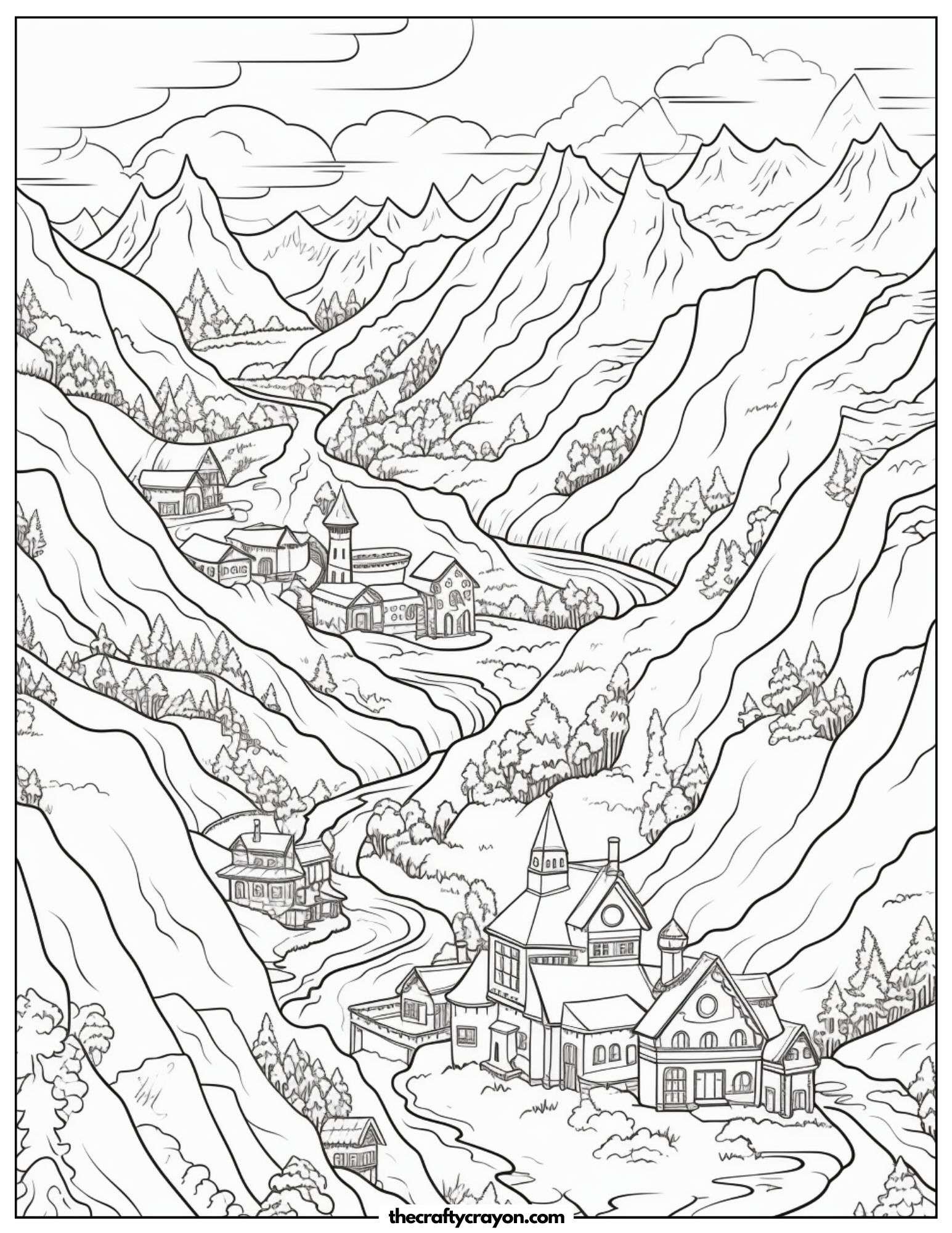 Charming Mountain Village Scene Coloring Page