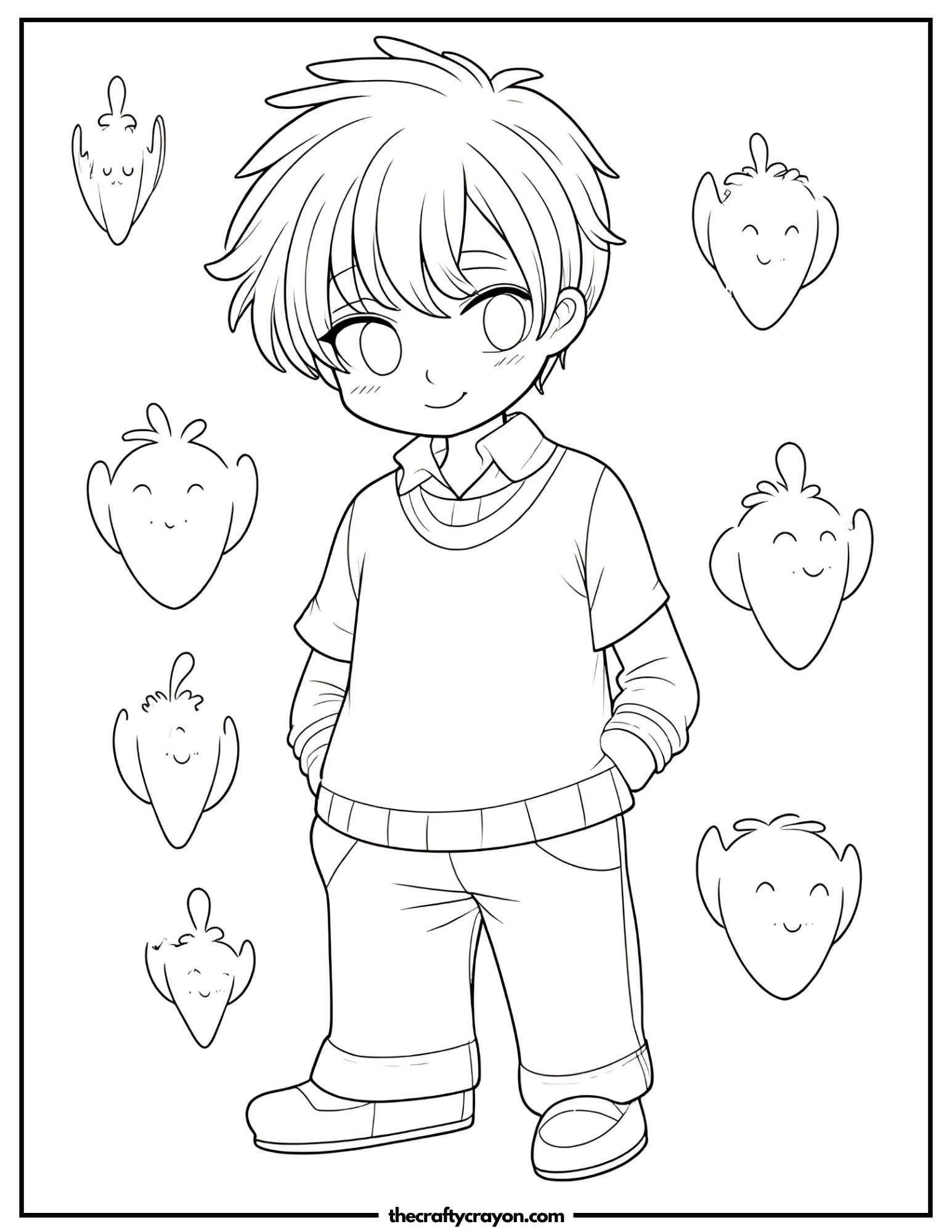 Chibi anime boy surrounded by floating ghost-like creatures