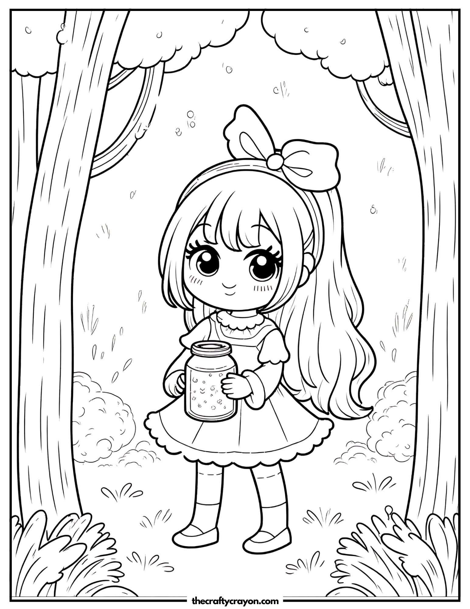 Chibi anime girl holding a jar of fireflies in the forest