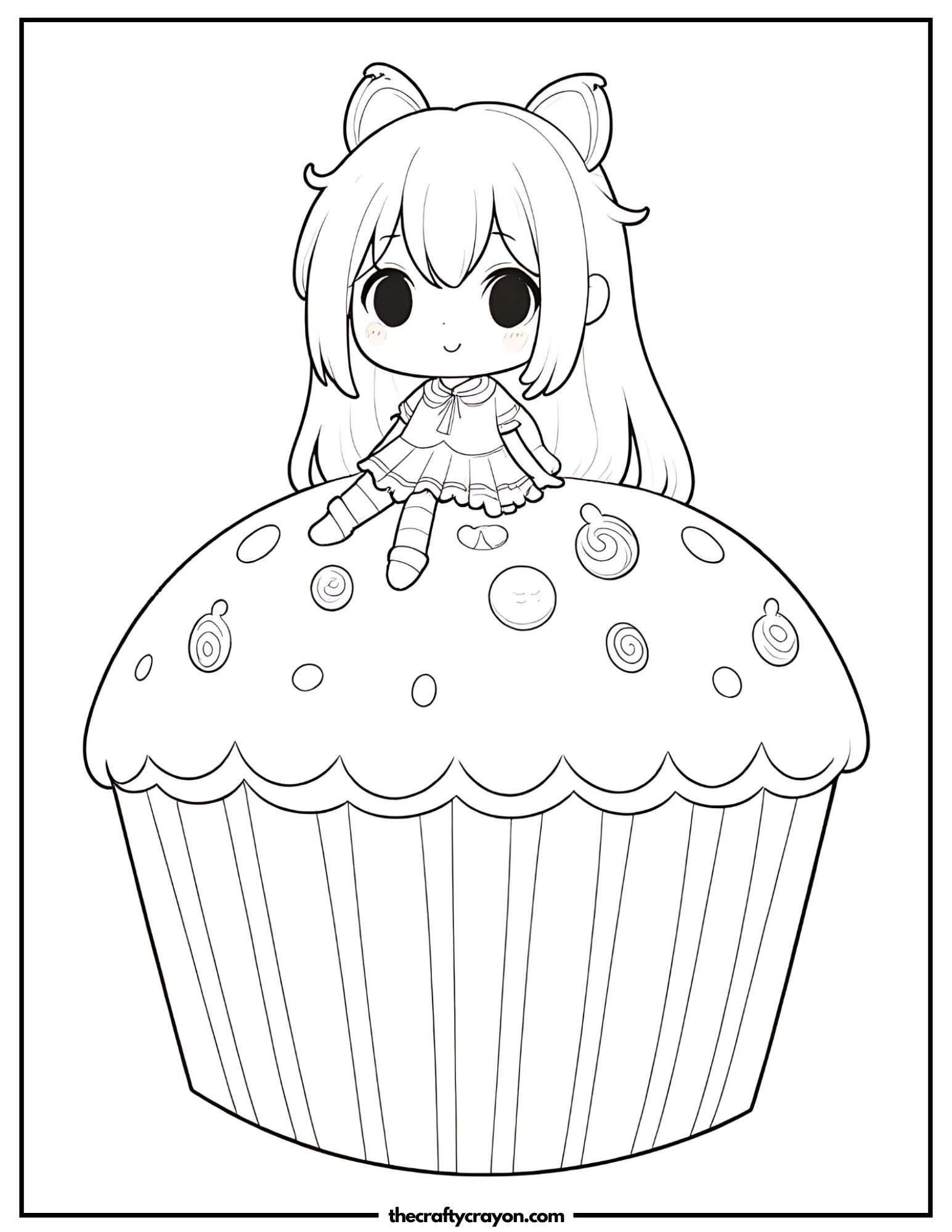 Chibi anime girl sitting on a giant cupcake
