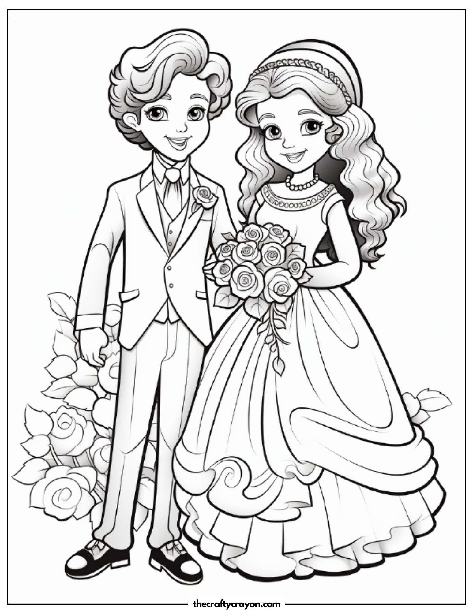 Classic Wedding Couple Posing With A Bouquet Coloring Page