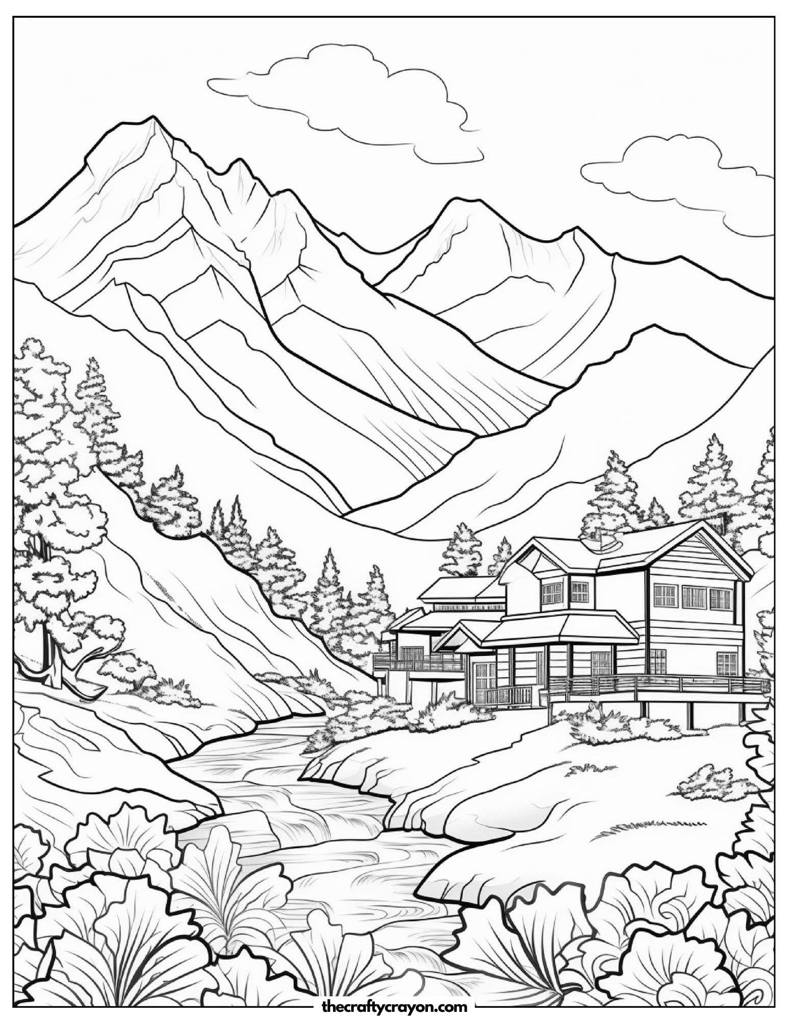 Cozy House By A Mountain Stream Coloring Page