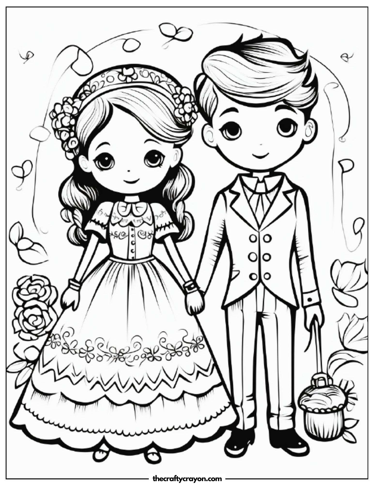 Cute Bride And Groom Holding Hands Coloring Page