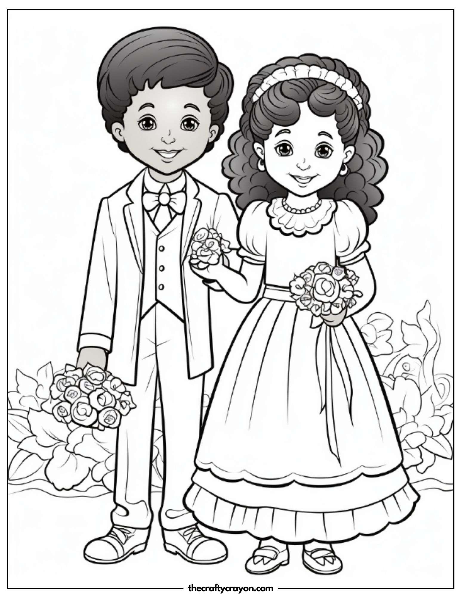 Cute Wedding Couple Holding Flowers Coloring Page