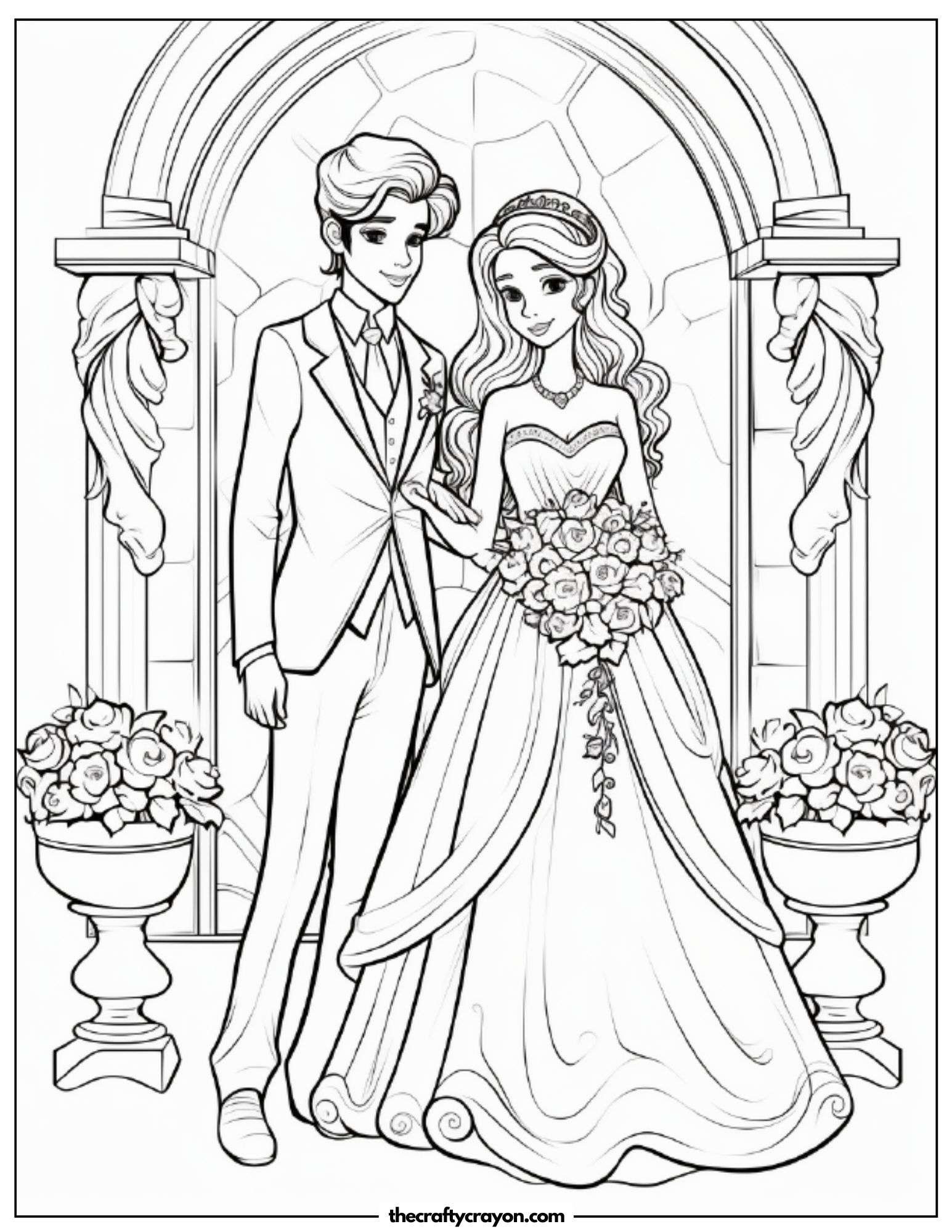 Elegant Wedding Couple Under Beautiful Arch Coloring Page