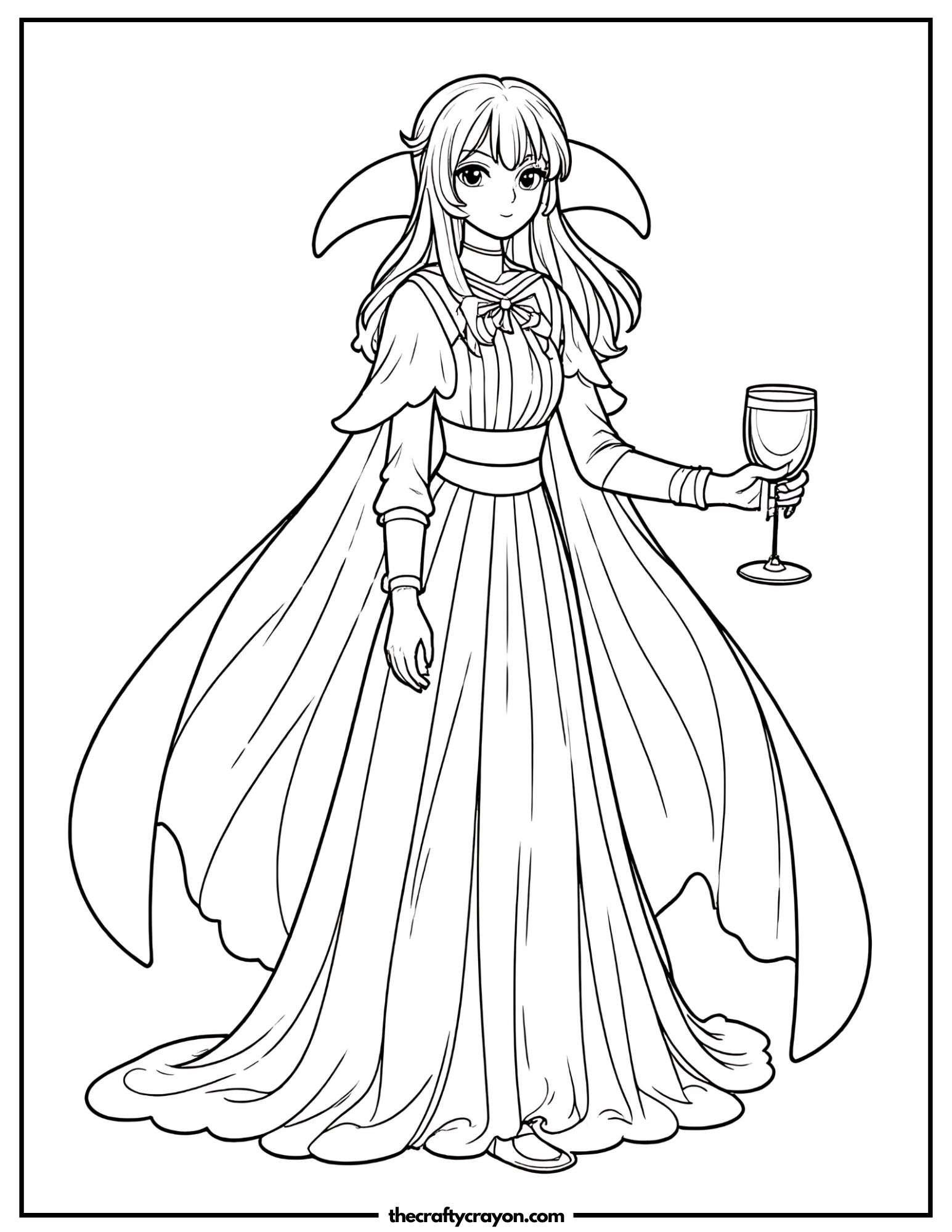 Elegant anime princess holding a glass of wine