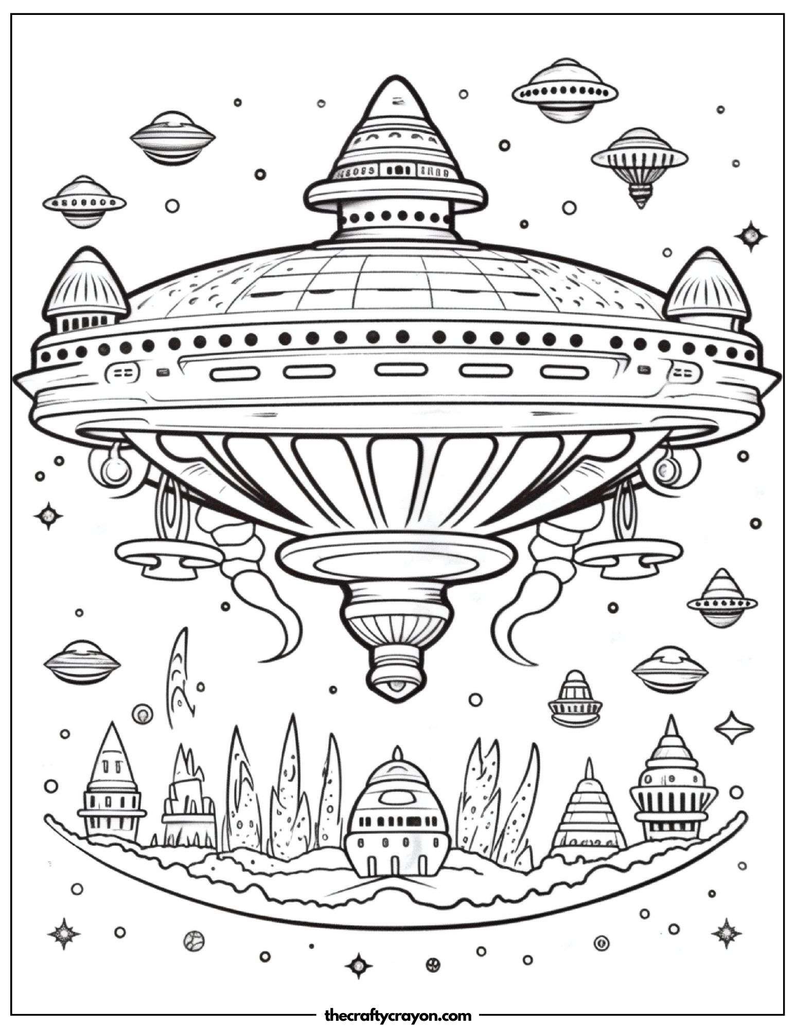 Fleet Of Spaceships Hovering Over An Alien Mountain Range Coloring Page