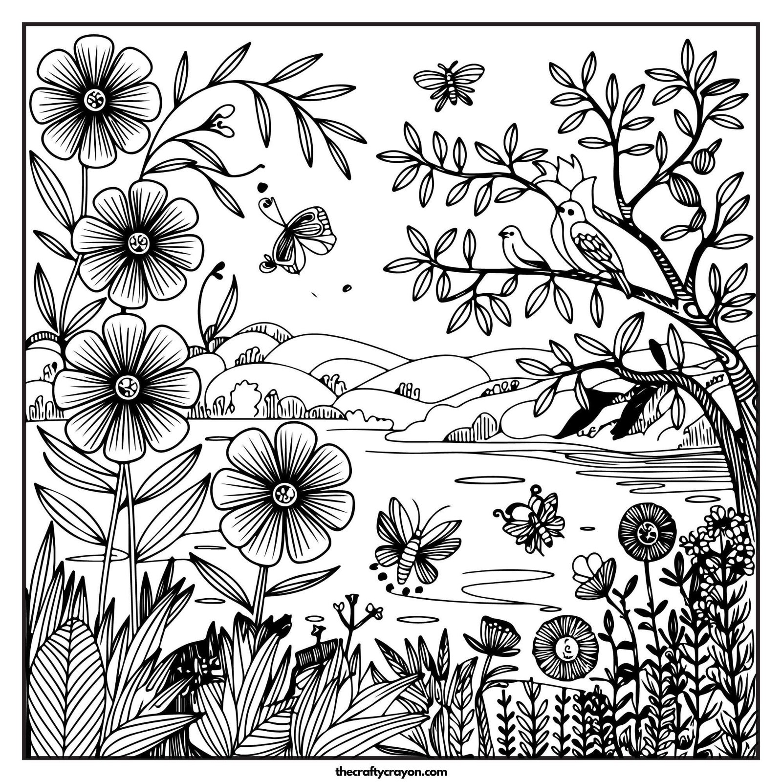 Flowers And Birds In A Peaceful Scene