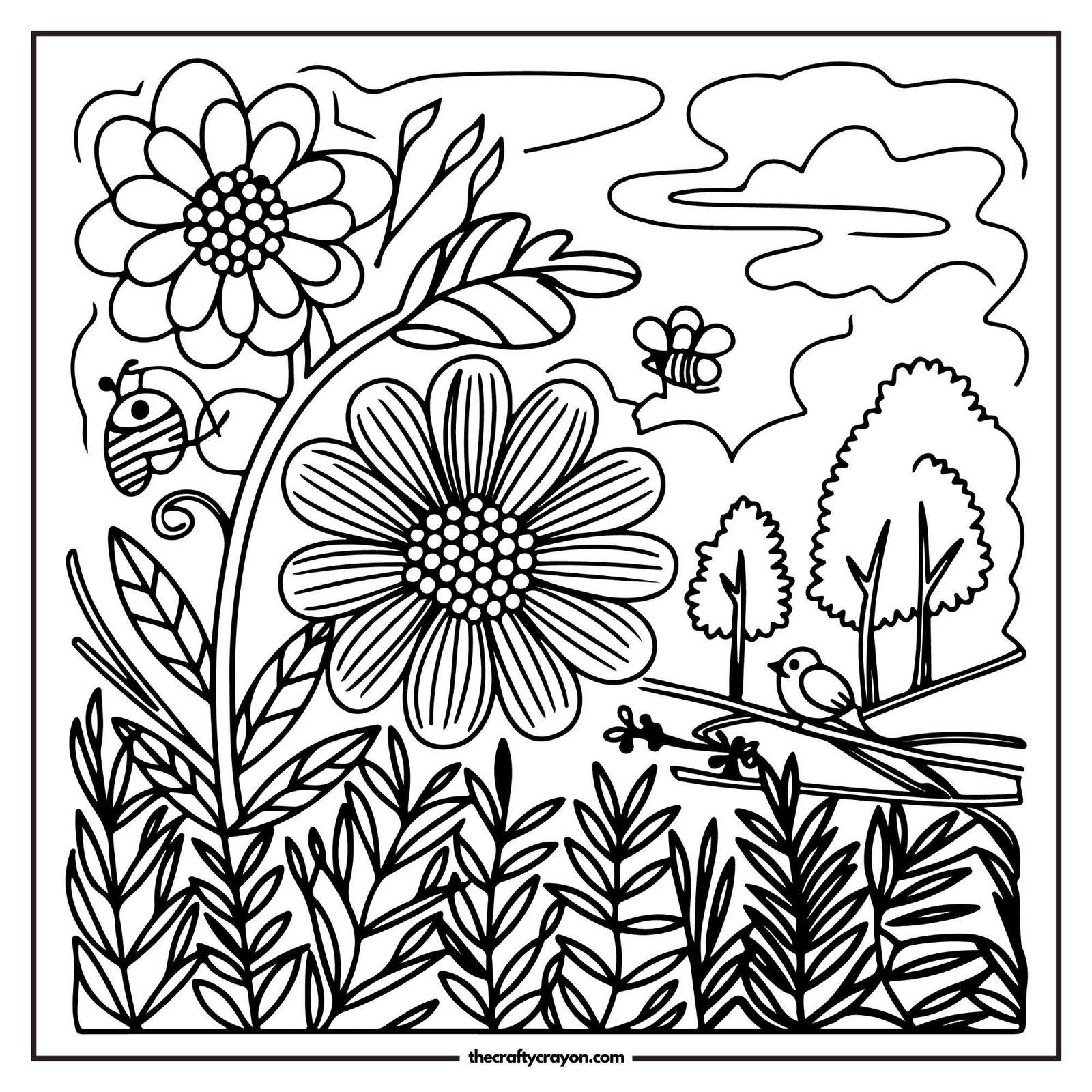 Flowers With Bees And A Bird