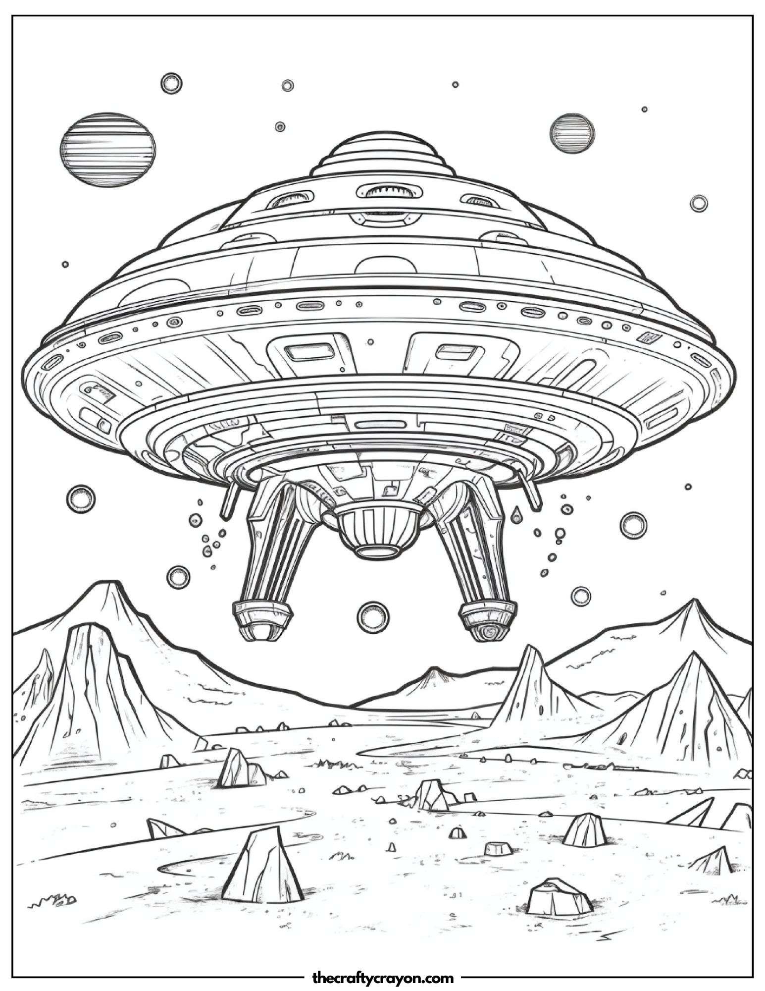 Futuristic Spaceship Floating Above A Deserted World Coloring Page