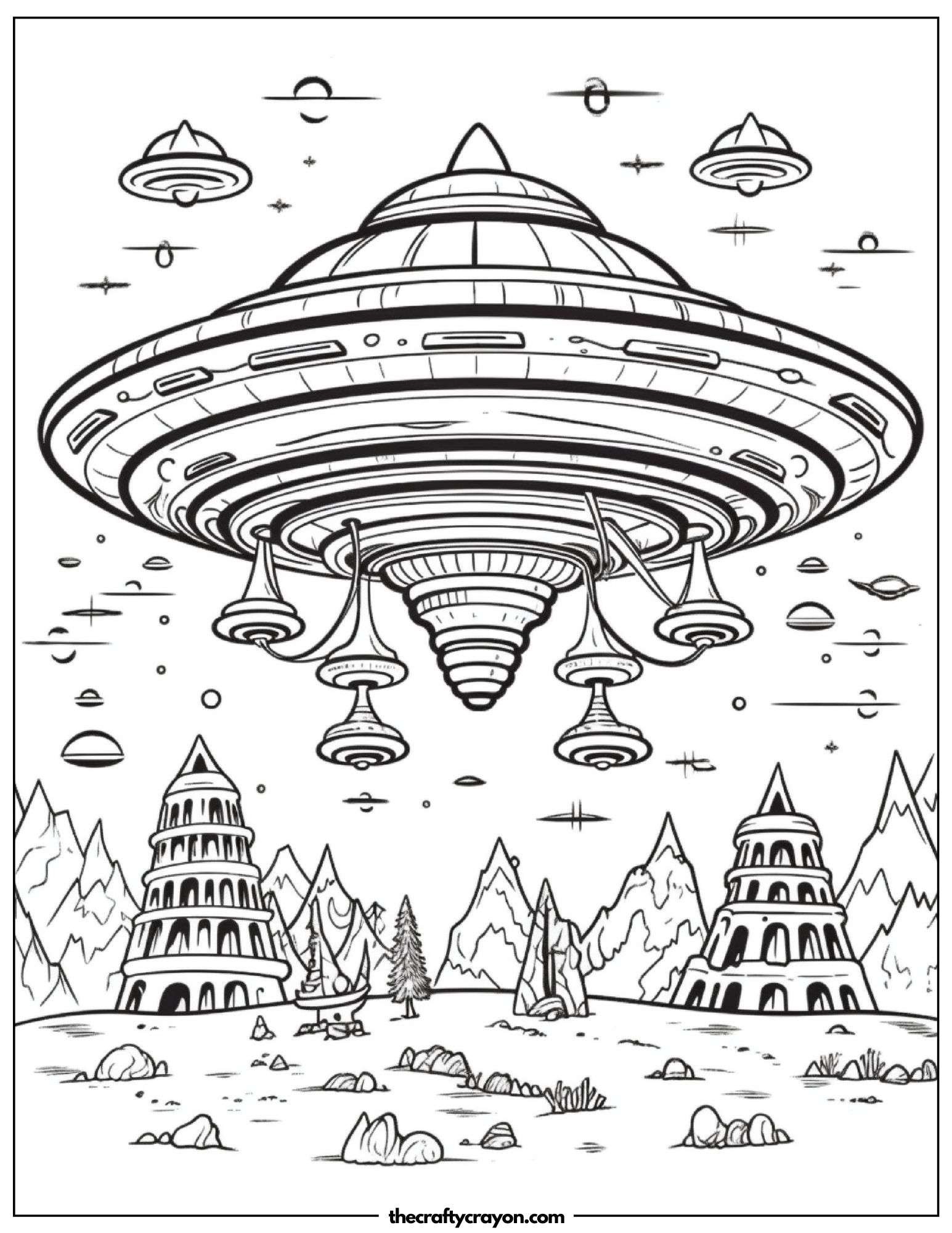 Giant Spaceship Hovering Over Alien Landscape Coloring Page