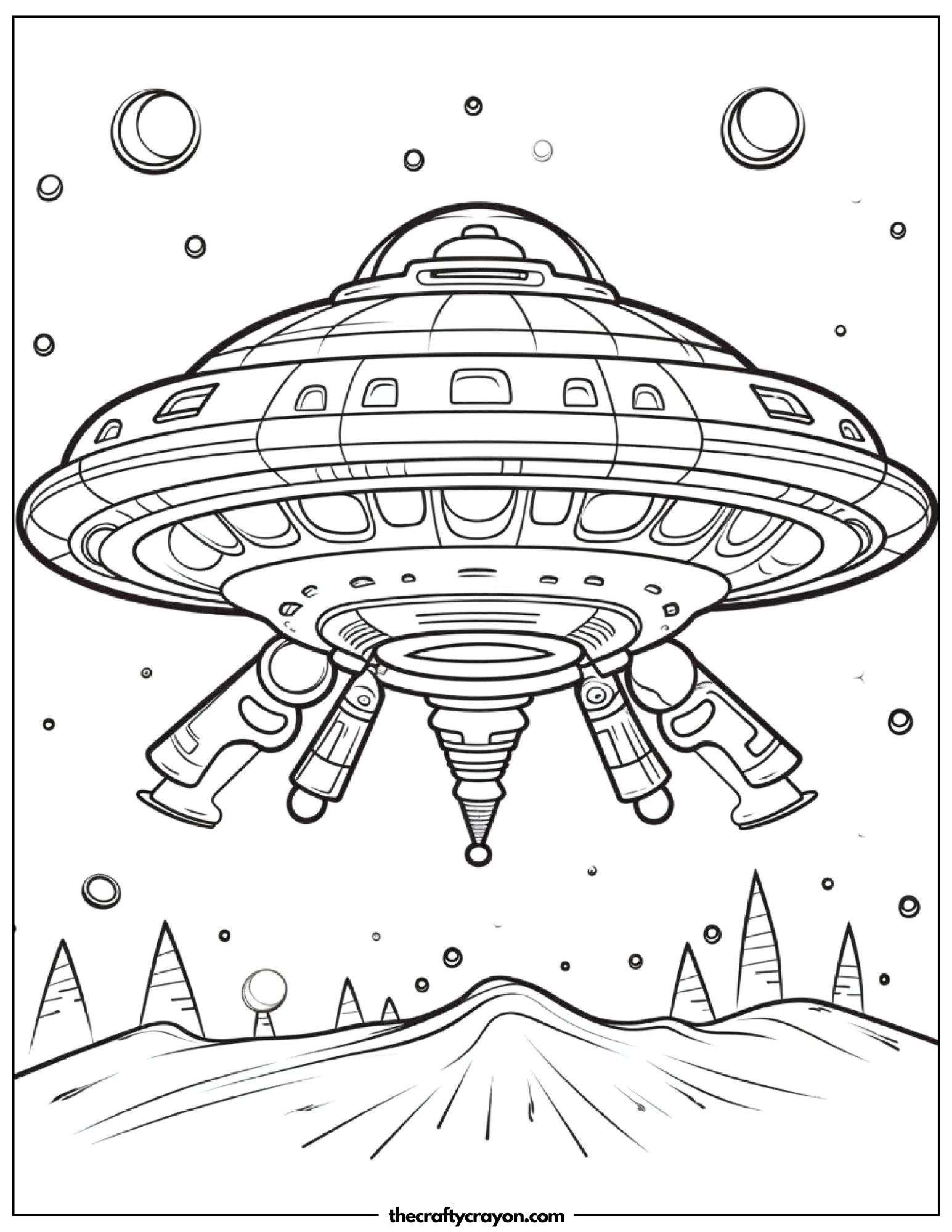 Giant UFO Descending Onto A Sci-Fi City Coloring Page