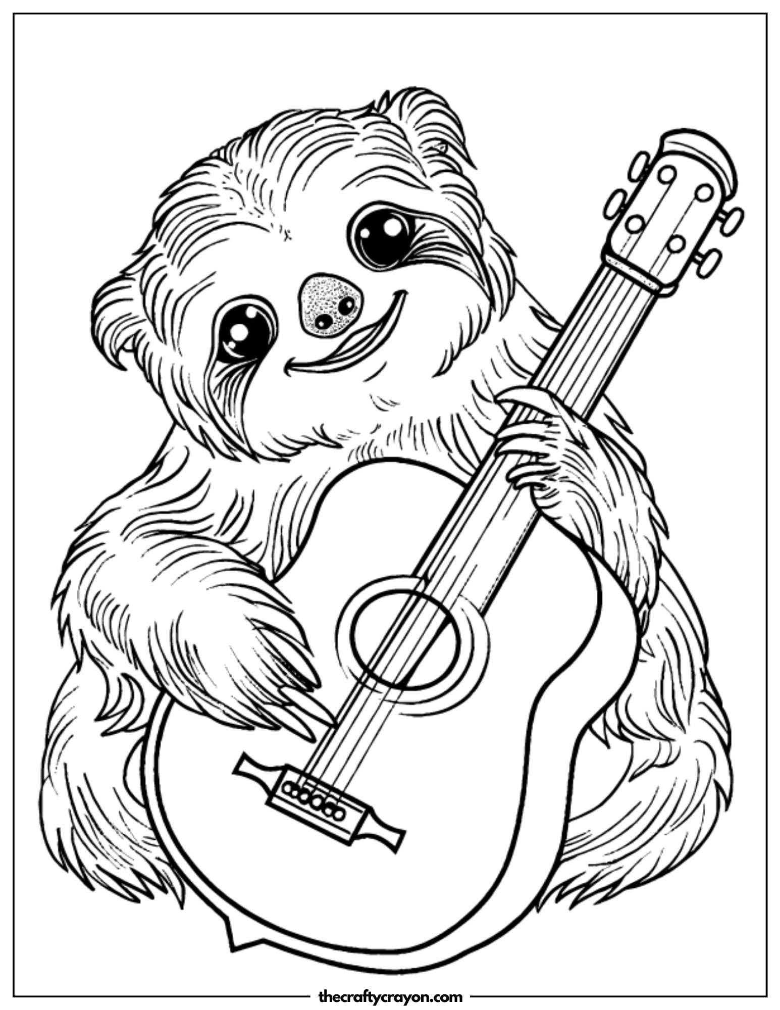 Happy Sloth Playing Guitar Coloring Page