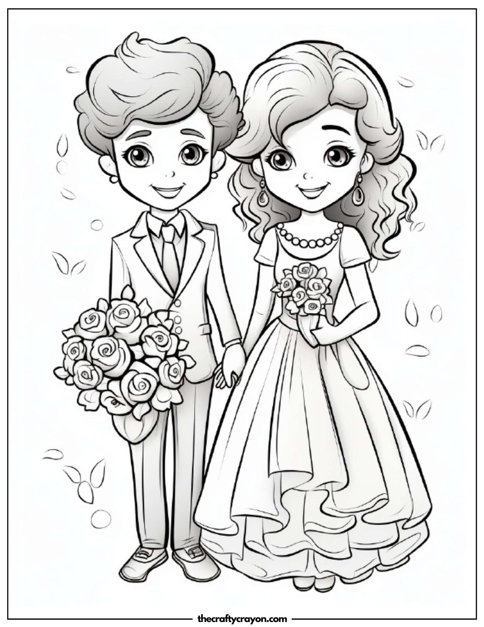 Happy Wedding Couple With Flower Petals Coloring Page