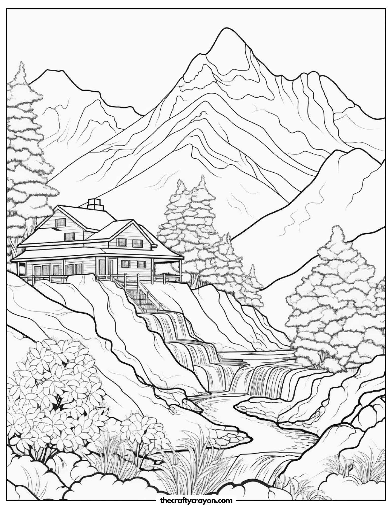 House On A Hill With Mountain Waterfalls Coloring Page