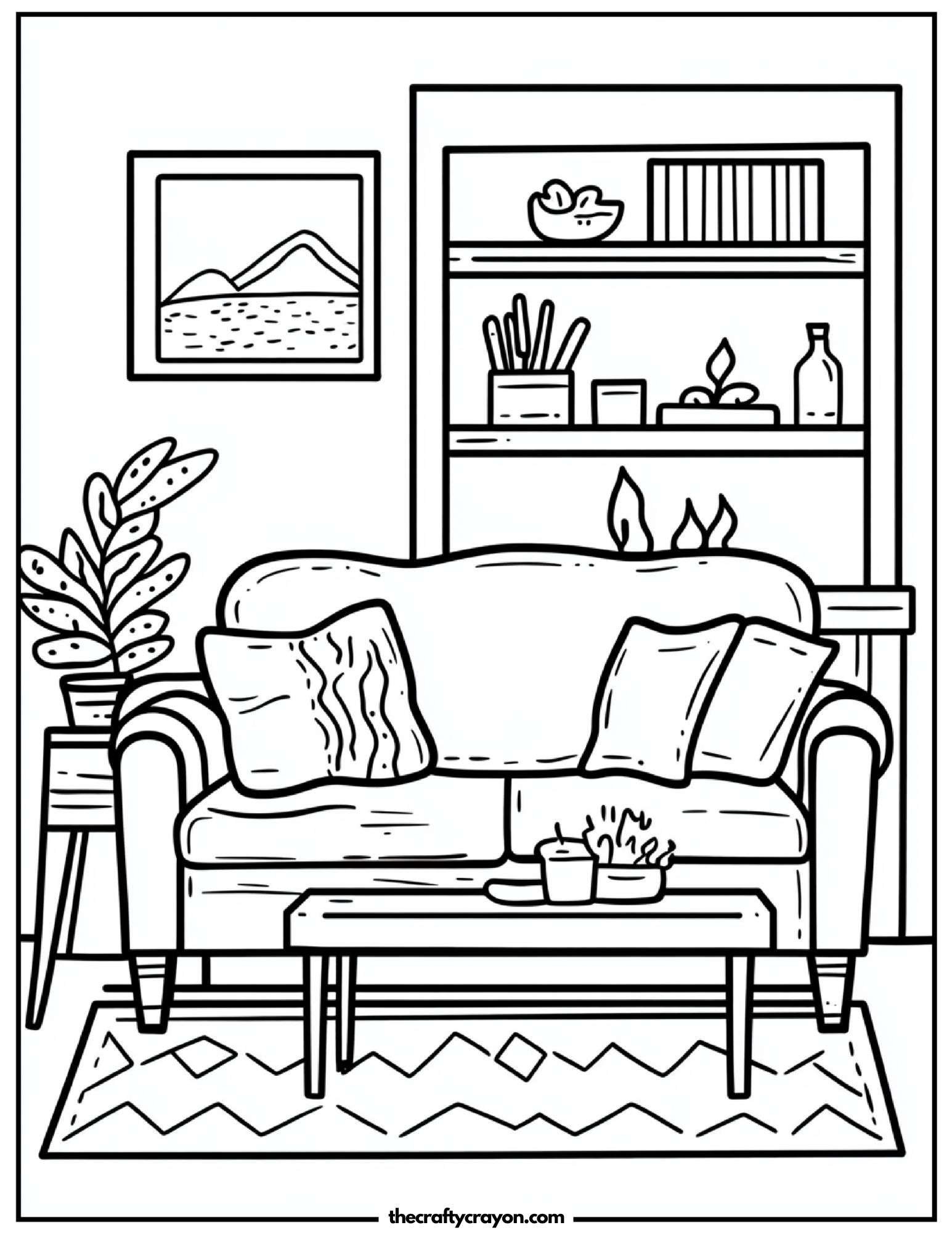Inviting living room with a cozy couch and bookshelf