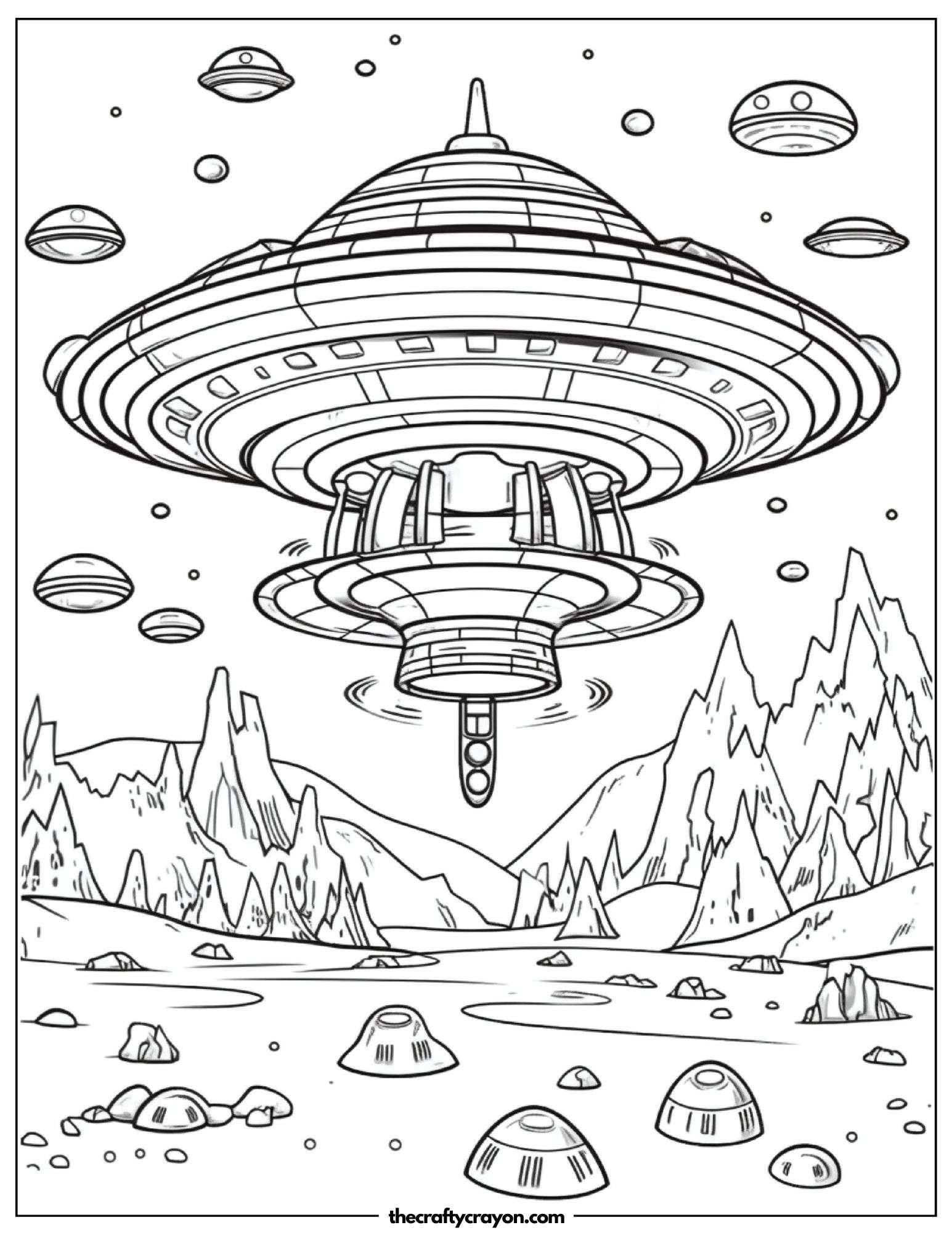 Large Spaceship Above A Rocky Planet Coloring Page