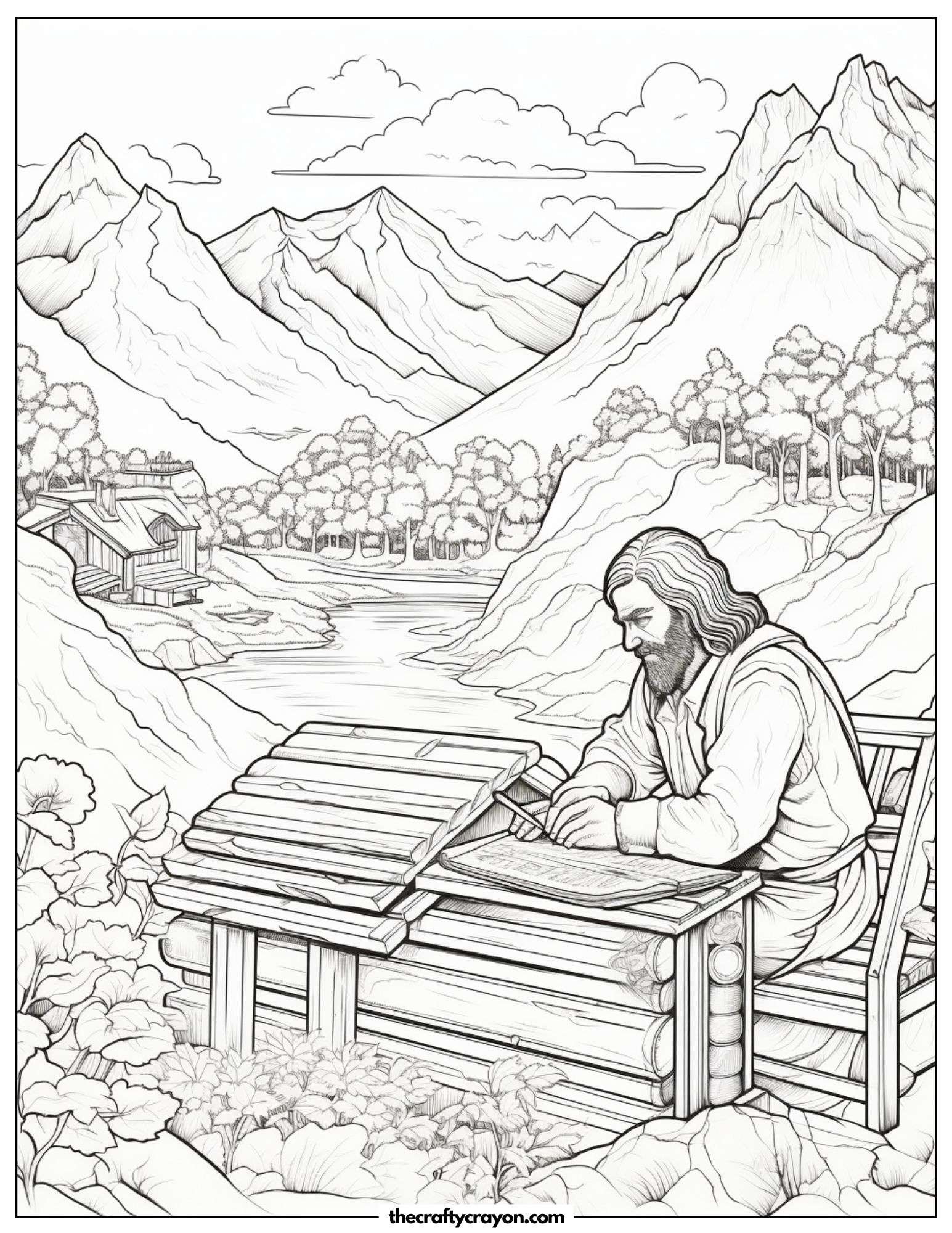 Man Writing At A Wooden Desk In The Mountains Coloring Page
