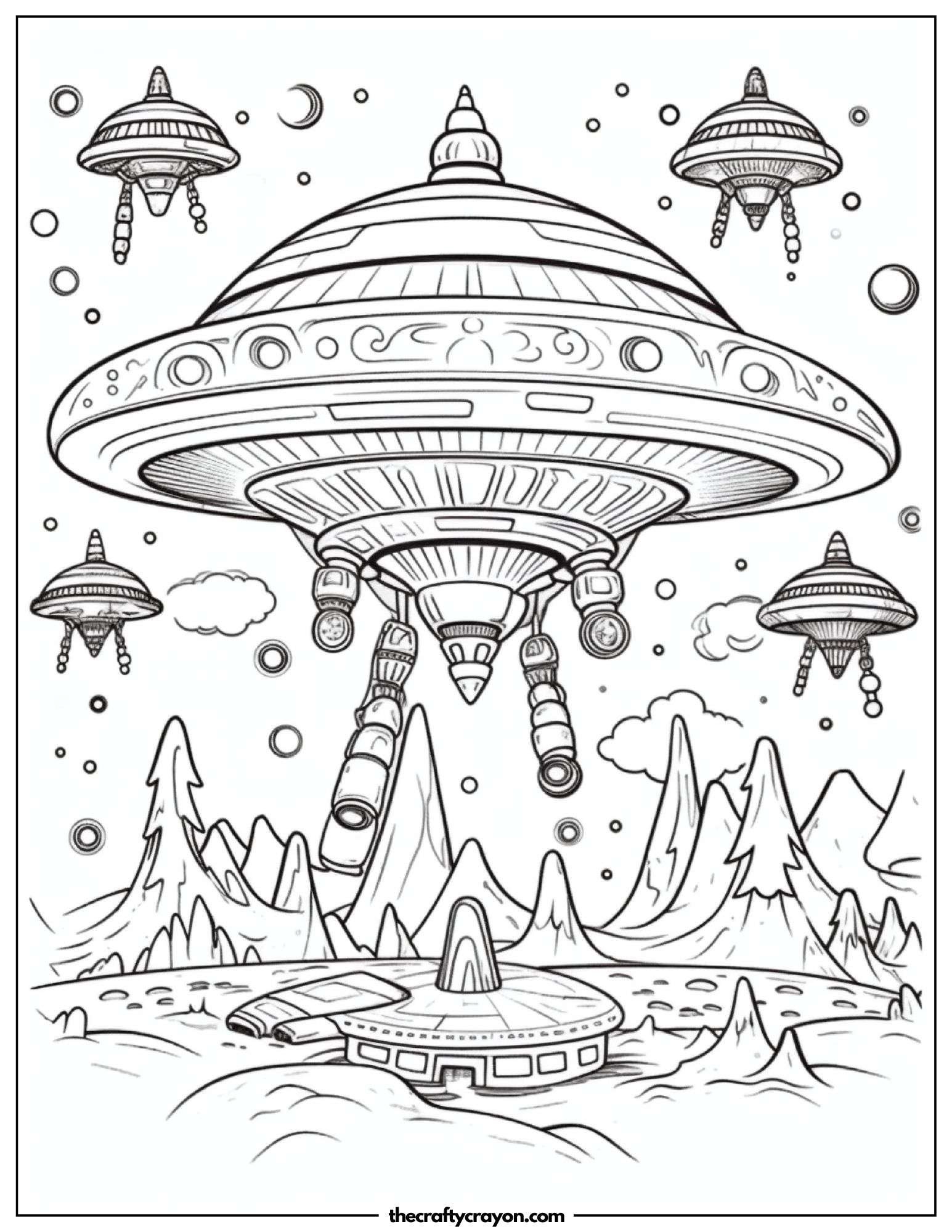 Massive Spaceship Landing On A Mysterious Planet Coloring Page