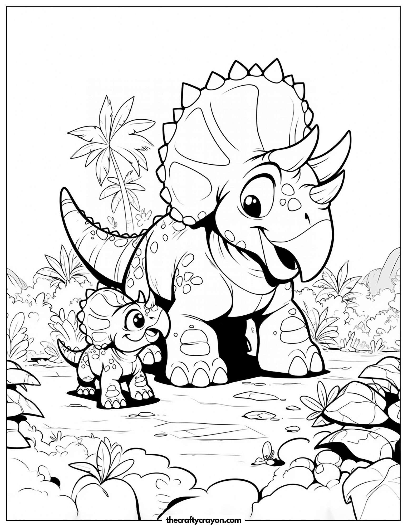 Mom And Baby Triceratops In The Forest