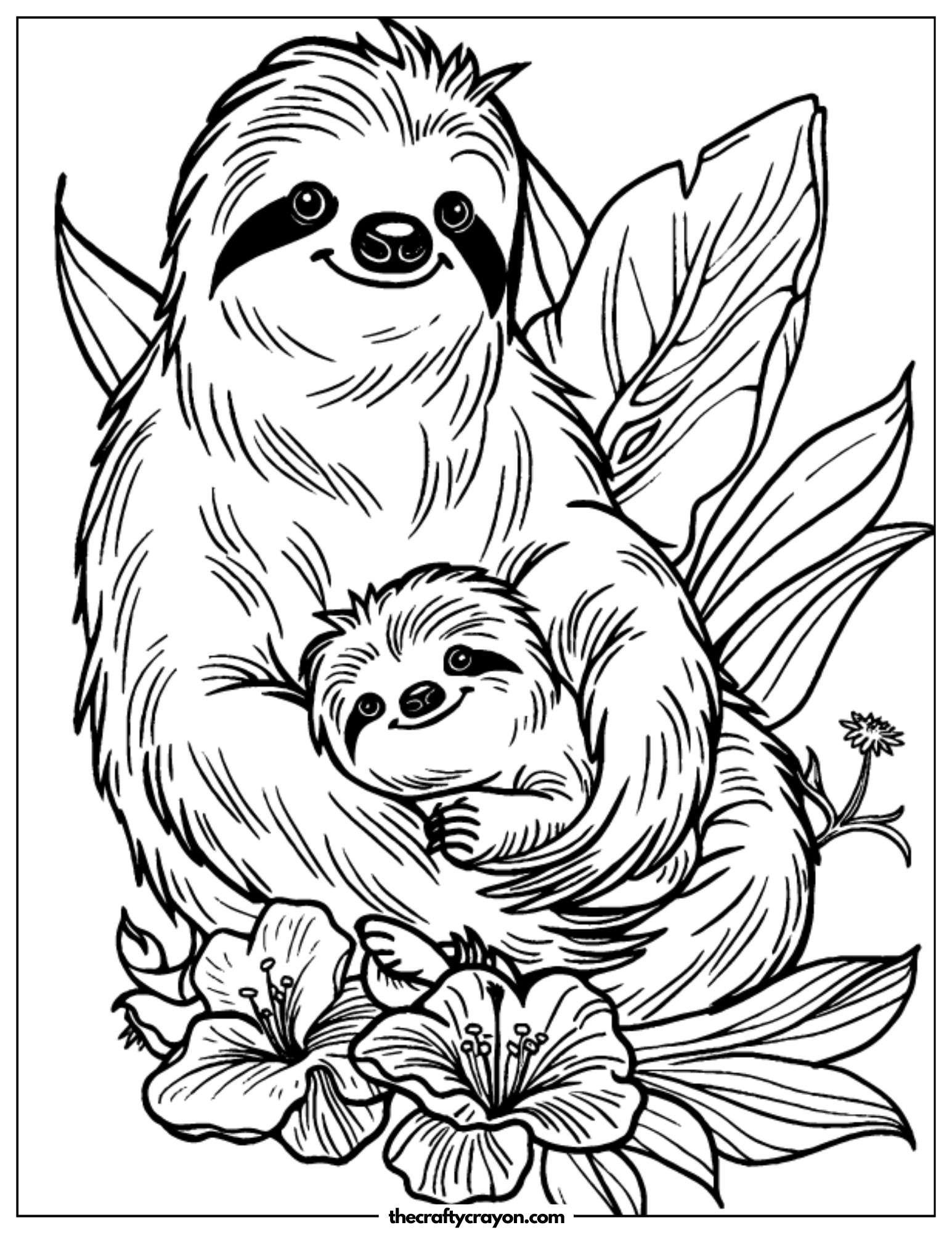 Mother Sloth Hugging Baby Coloring Page