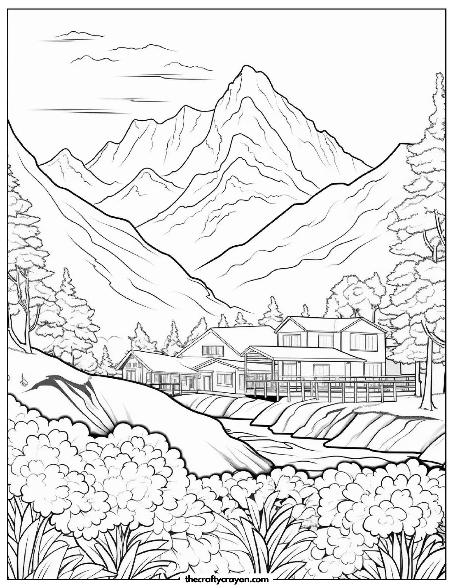 Mountain Village With A Flowing River Coloring Page