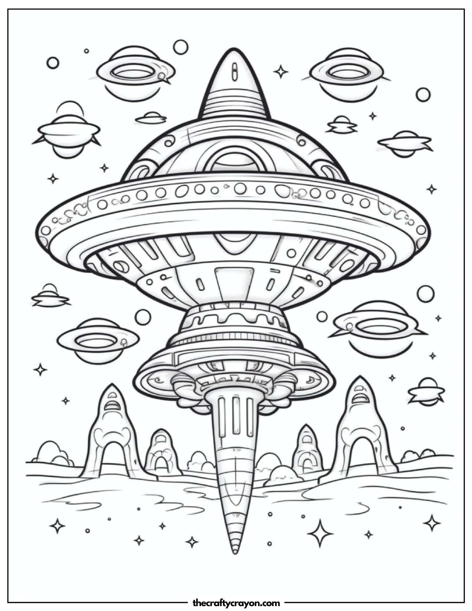 Mysterious UFO Hovering Over A Strange Landscape Coloring Page