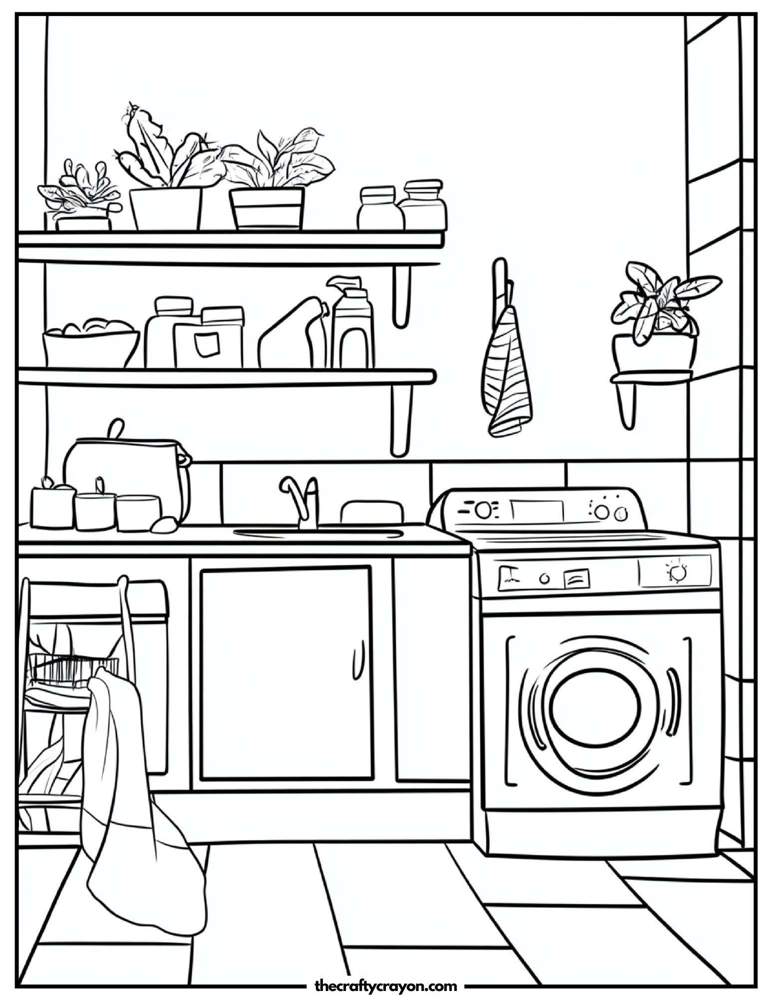 Organized laundry room with open shelving