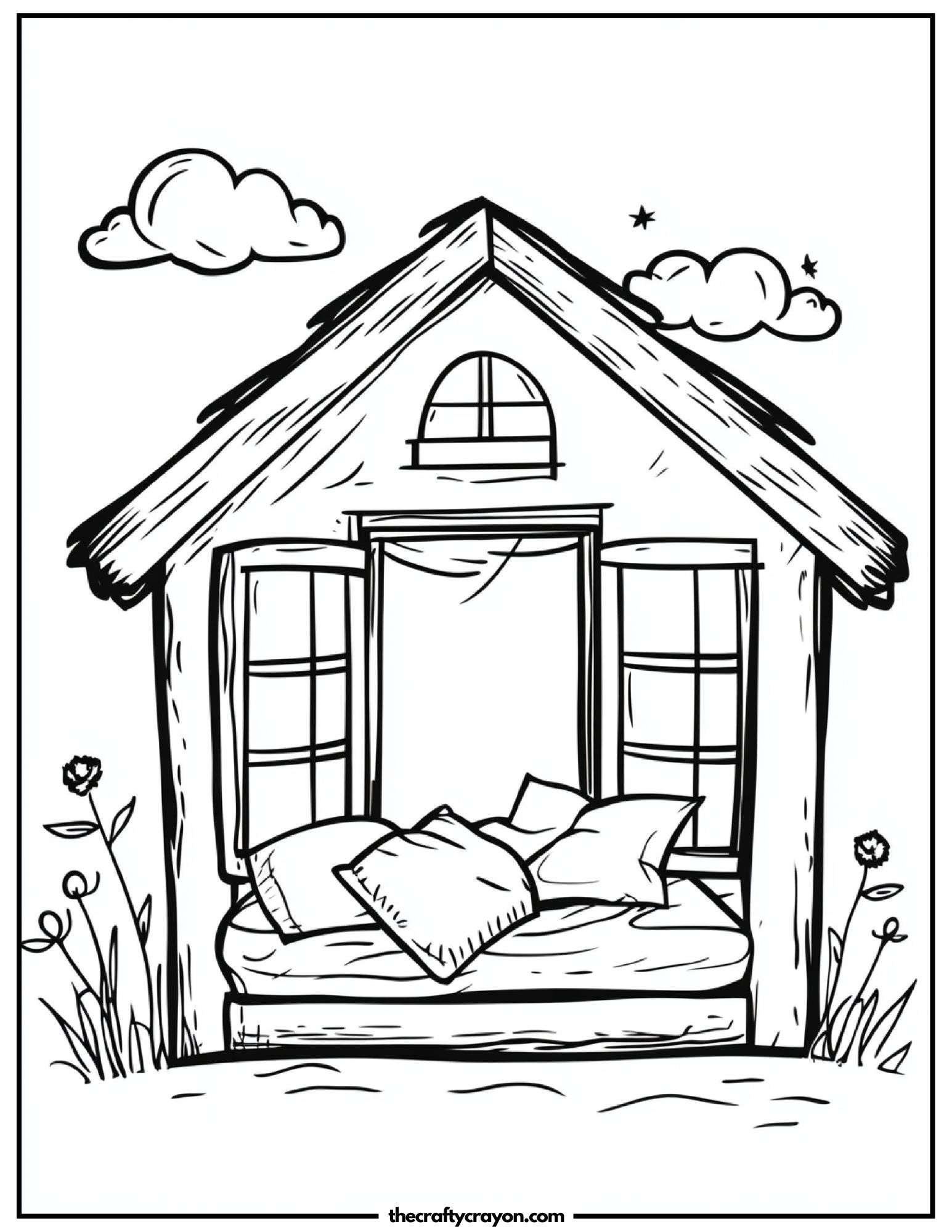 Outdoor bed nook in a wooden cottage