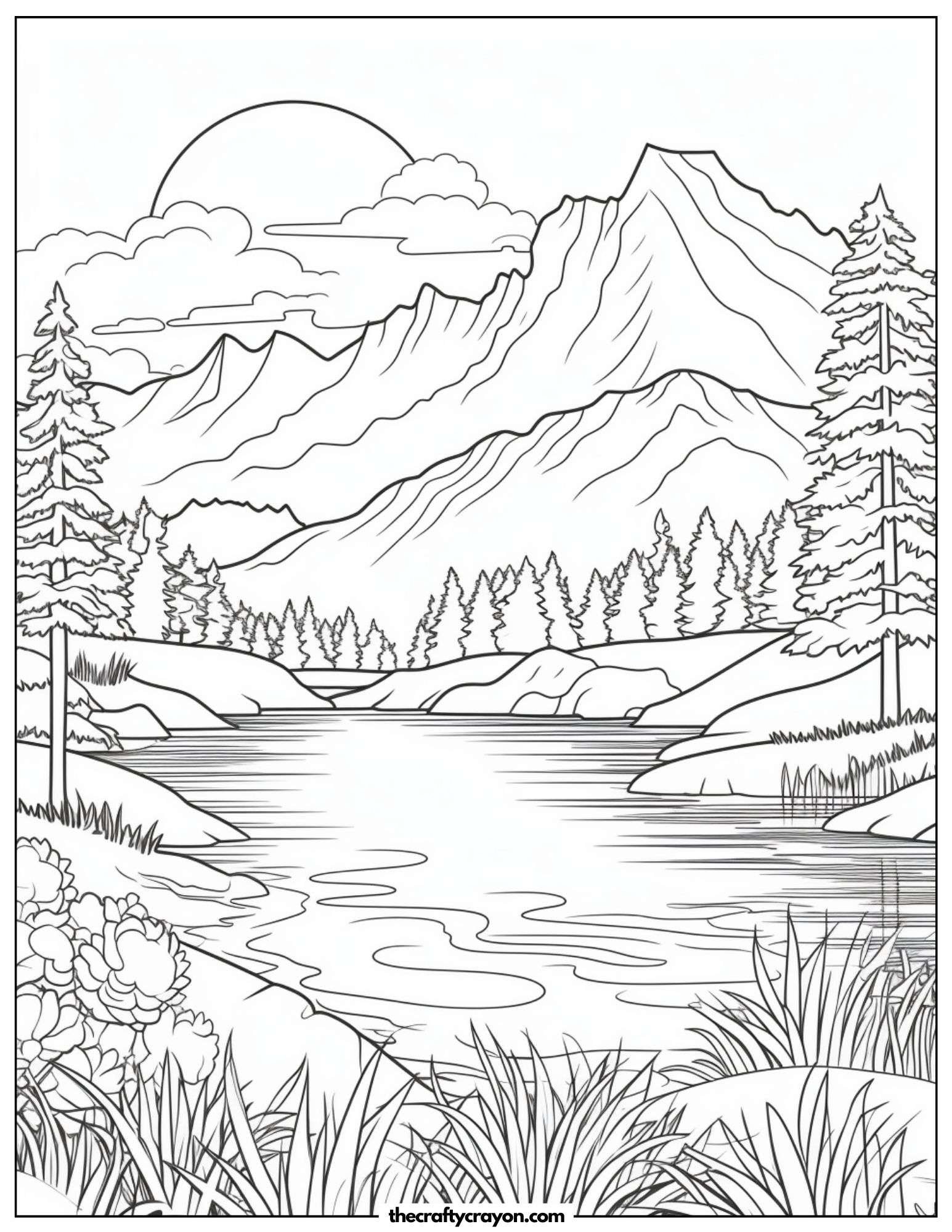 Peaceful Mountain Lake Scene Coloring Page