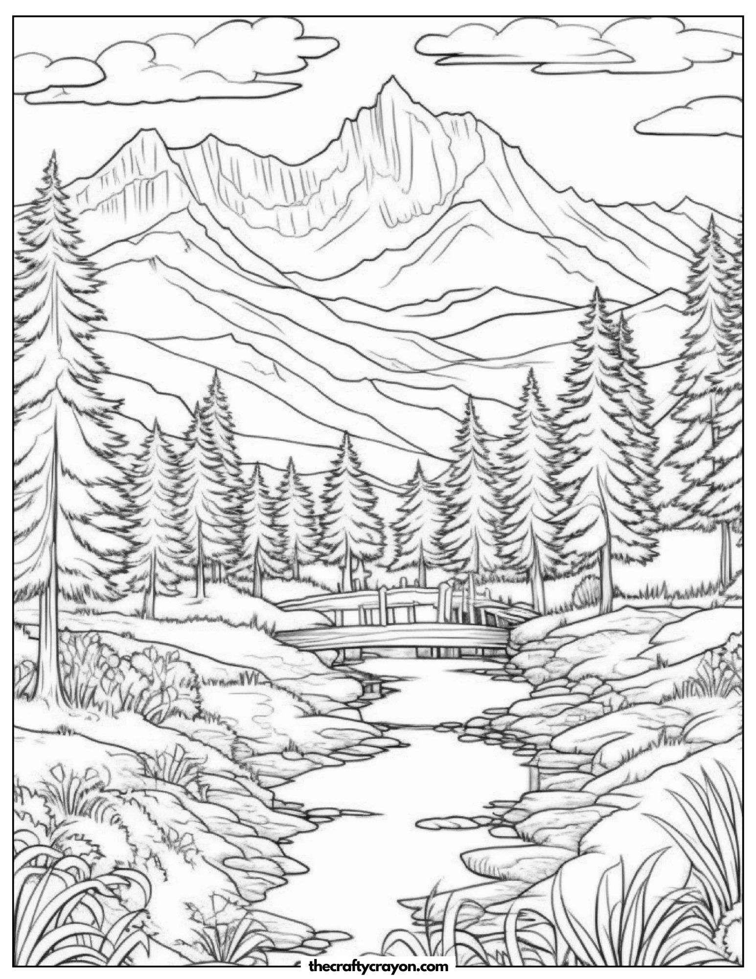 Peaceful Mountain Stream With A Wooden Bridge Coloring Page