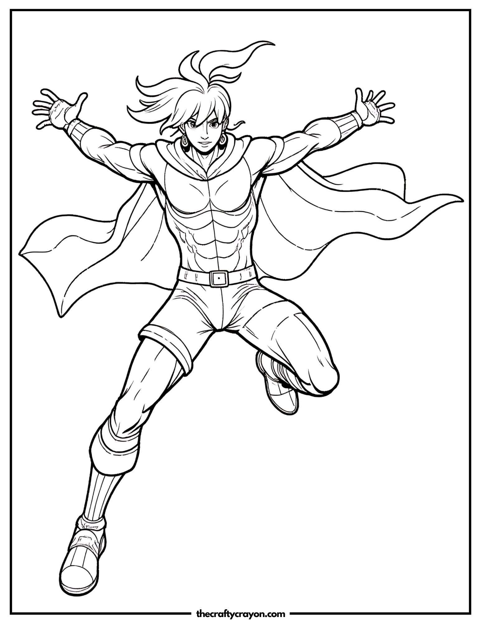 Powerful anime hero mid-jump with a flowing cape