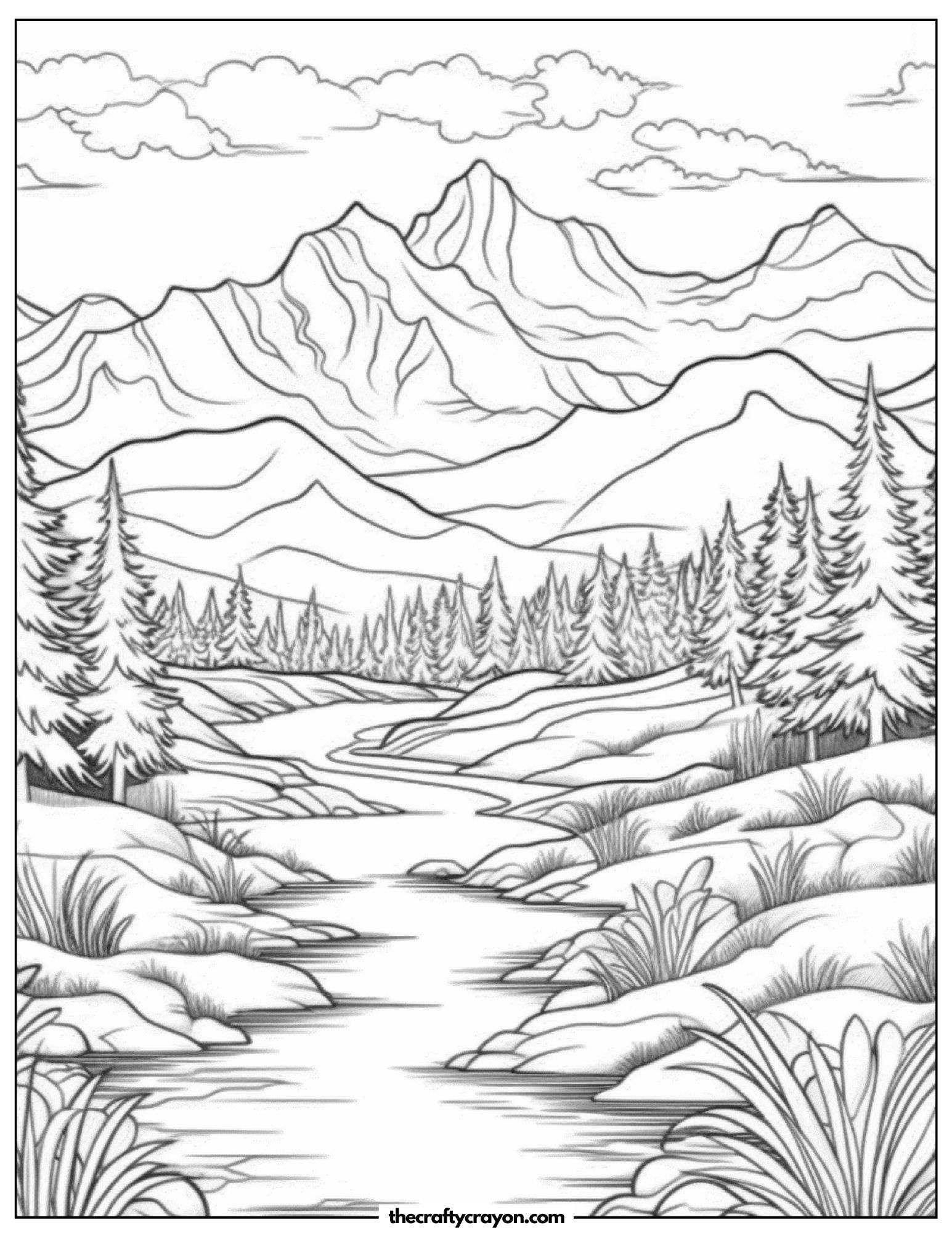 River Flowing Through The Mountains Coloring Page