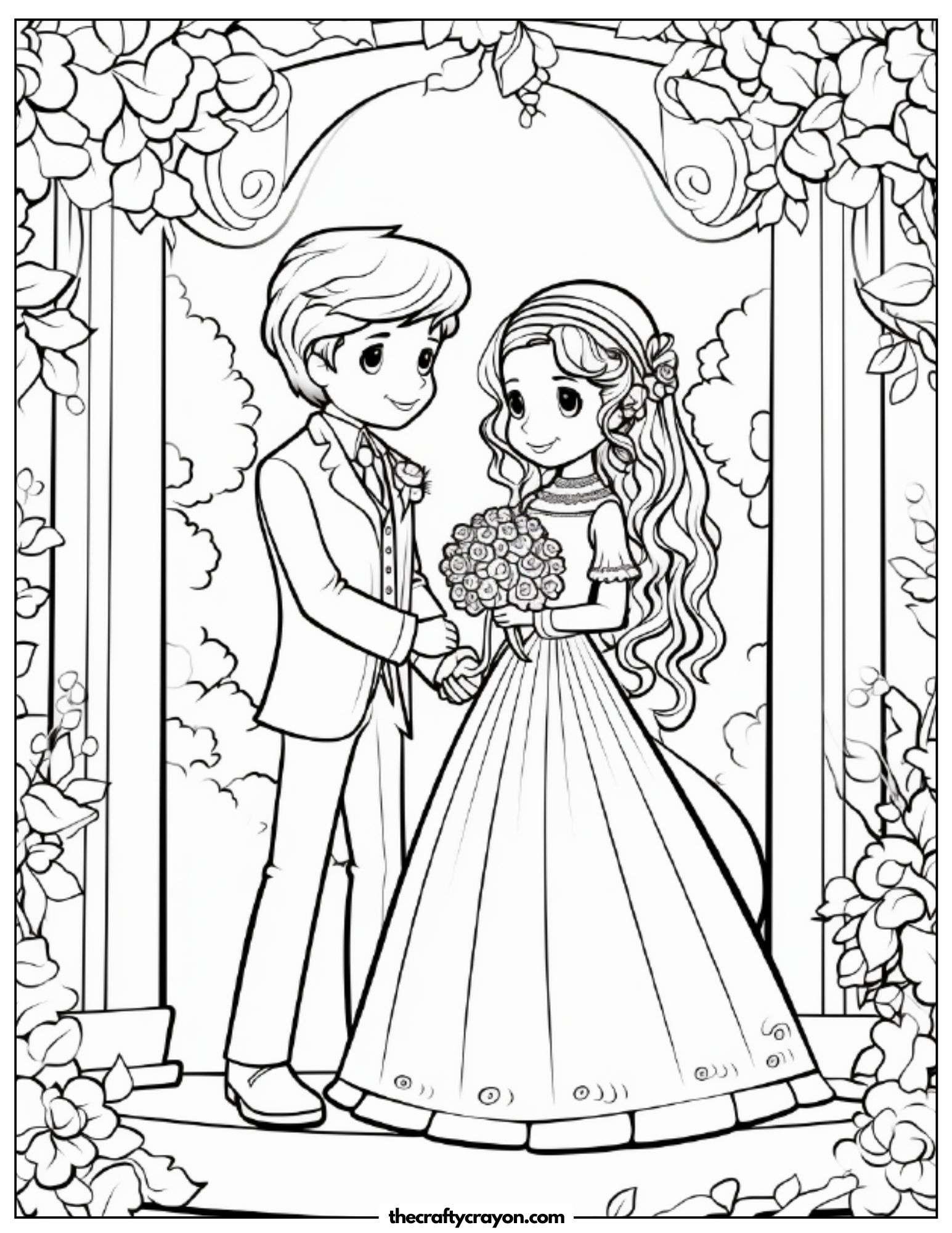 Romantic Wedding Scene Under A Floral Arch Coloring Page