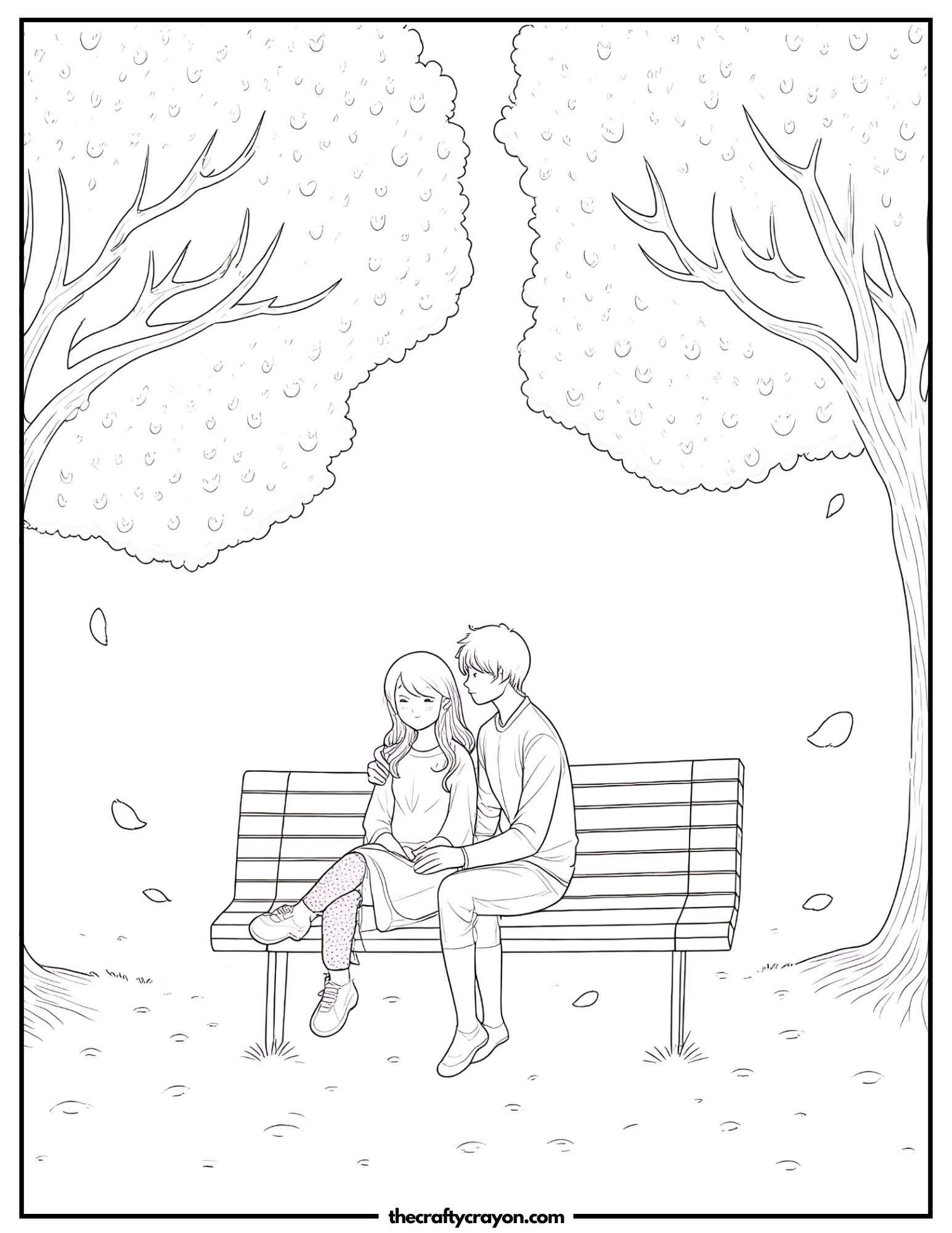 Romantic anime couple sitting on a park bench