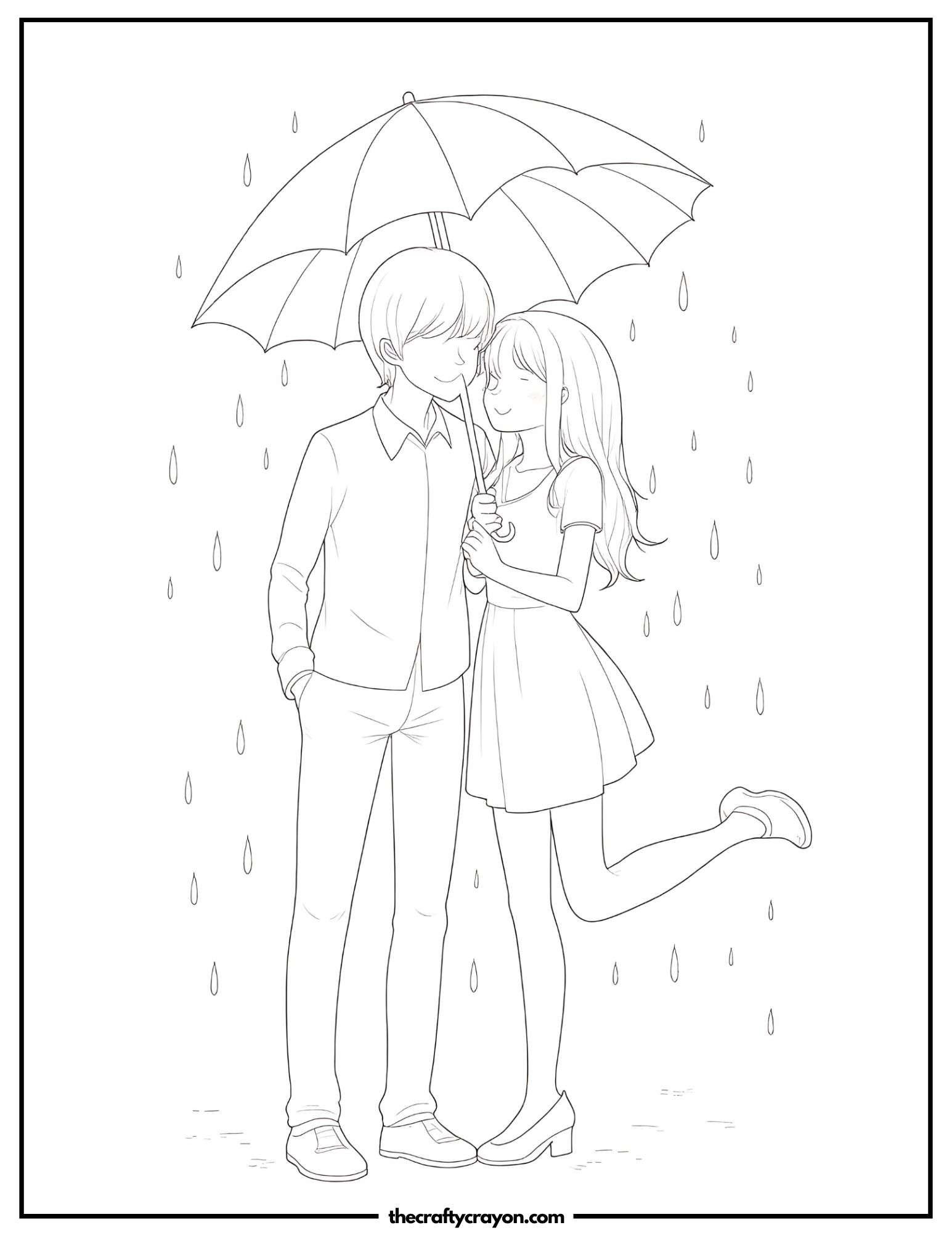 Romantic anime couple standing under an umbrella in the rain