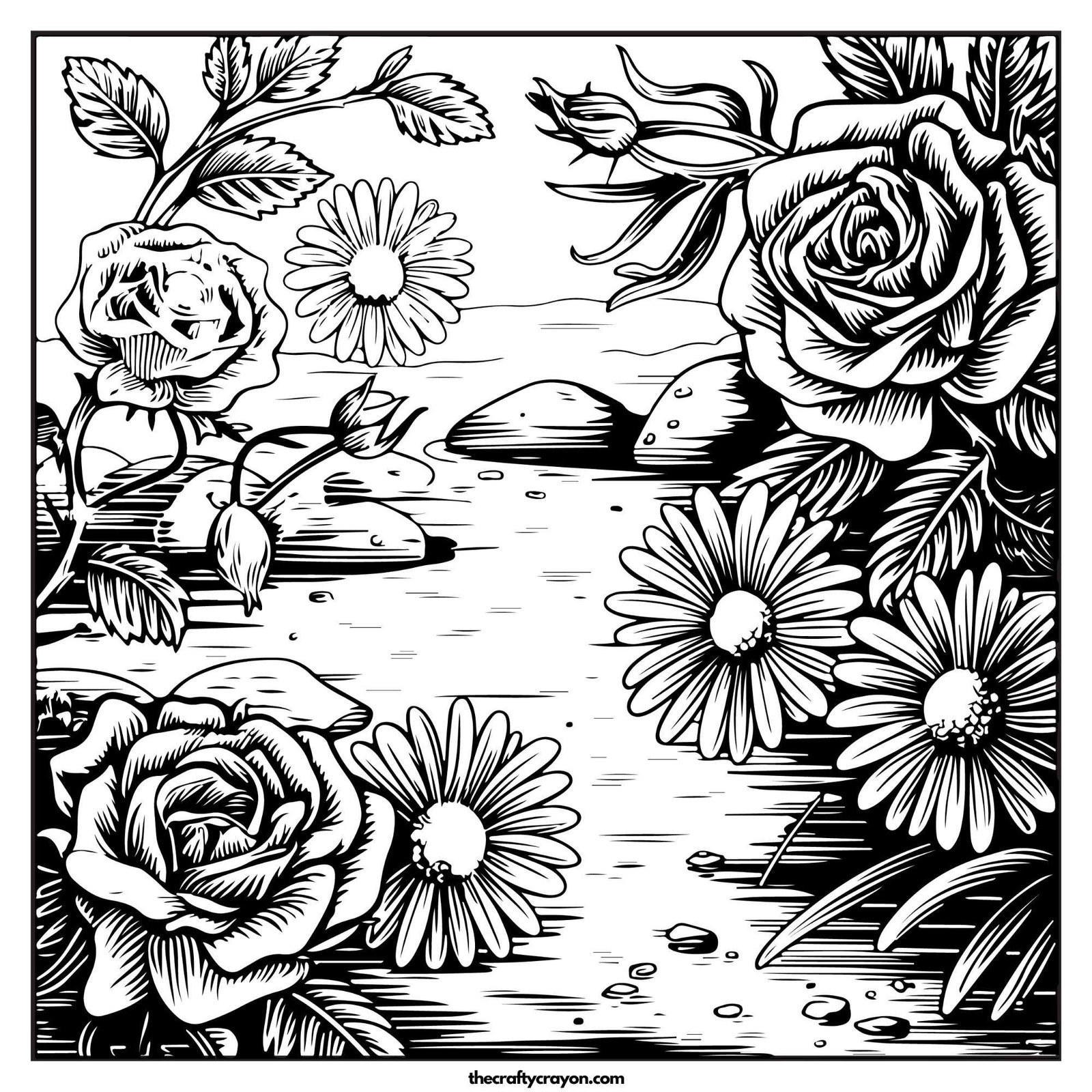 Roses And Daisies Near A Pond