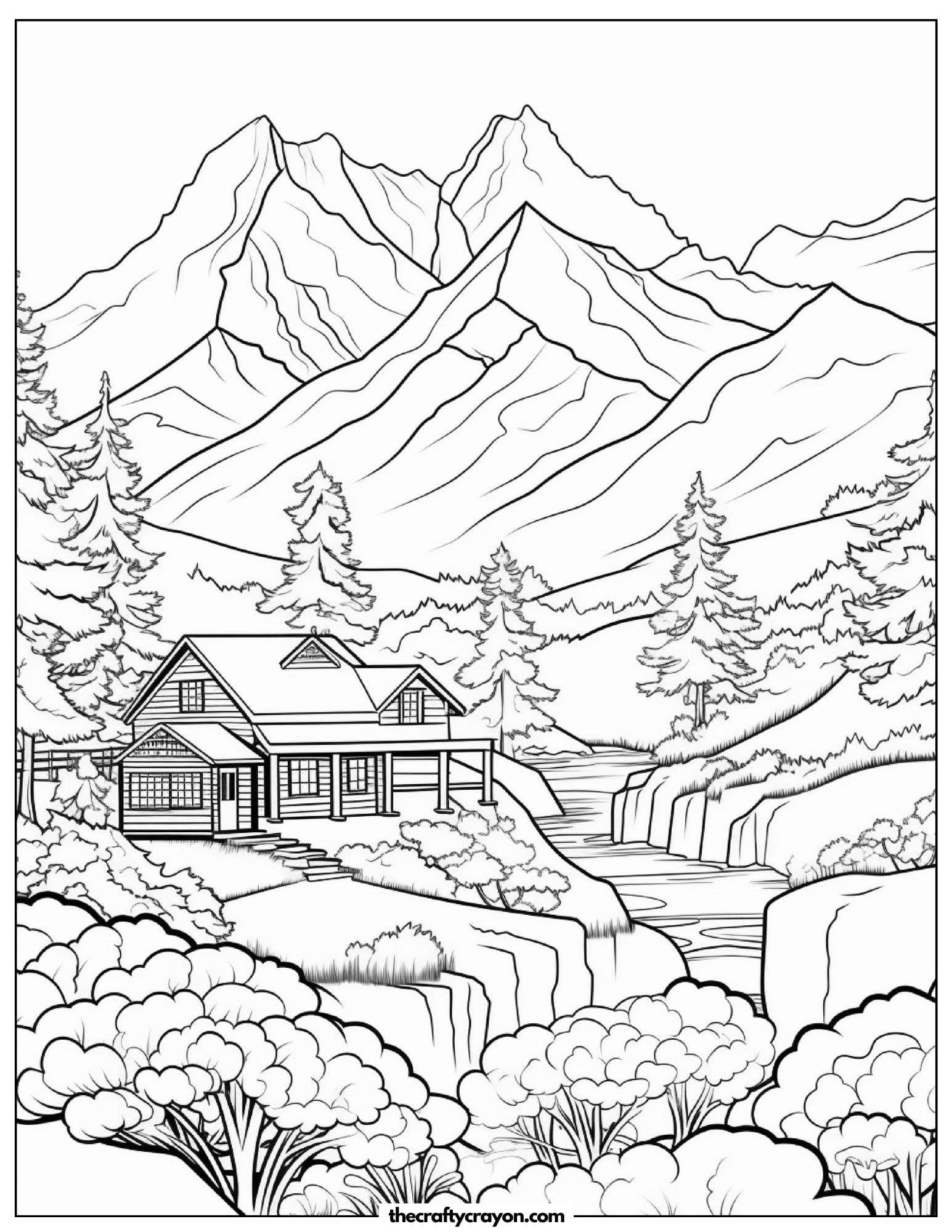 Rustic Cabin In The Mountains Coloring Page