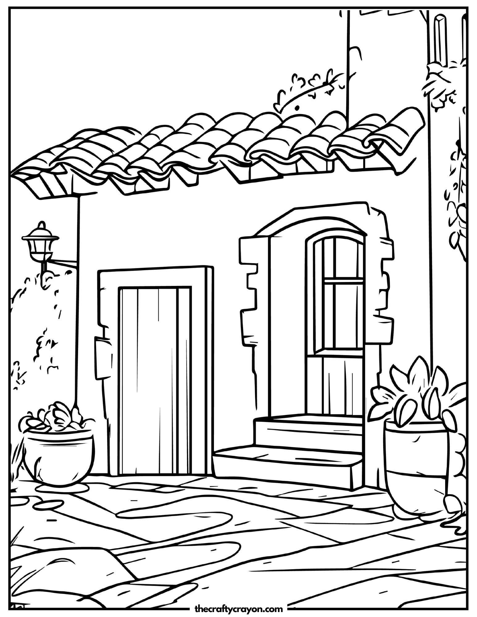 Rustic home entrance with potted plants