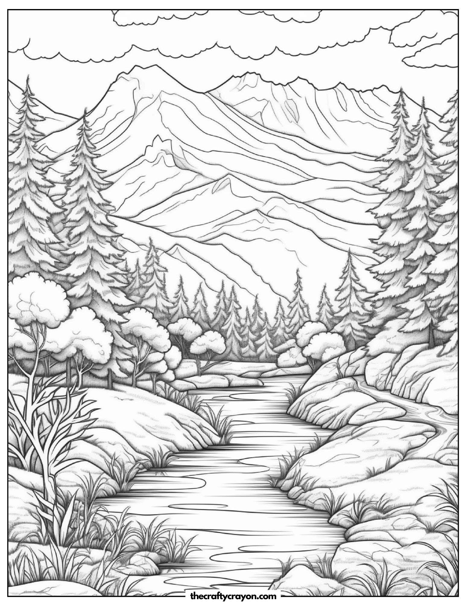 Serene Forest And River In The Mountains Coloring Page