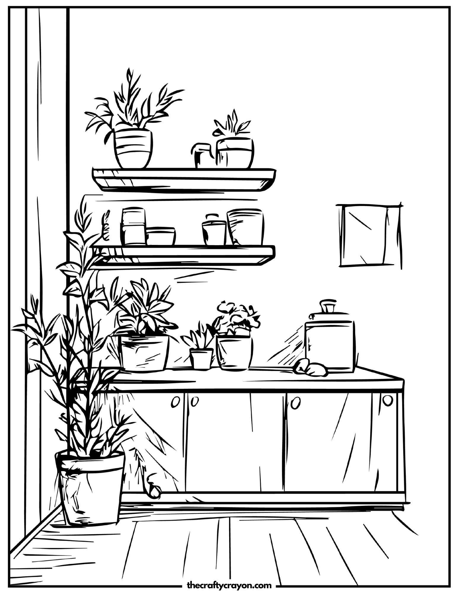 Simple kitchen corner with plants and shelves